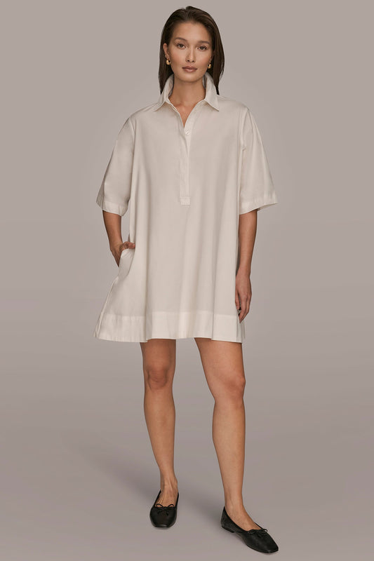 CREAM ELBOW-SLEEVE MINI SHIRT DRESS Donna Karan