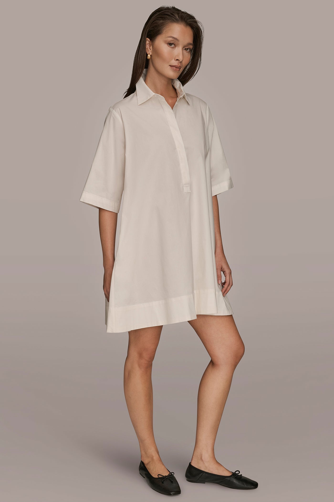 CREAM ELBOW-SLEEVE MINI SHIRT DRESS Donna Karan