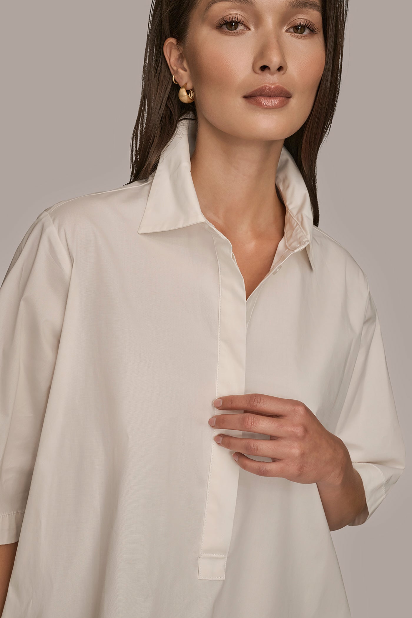 CREAM ELBOW-SLEEVE MINI SHIRT DRESS Donna Karan