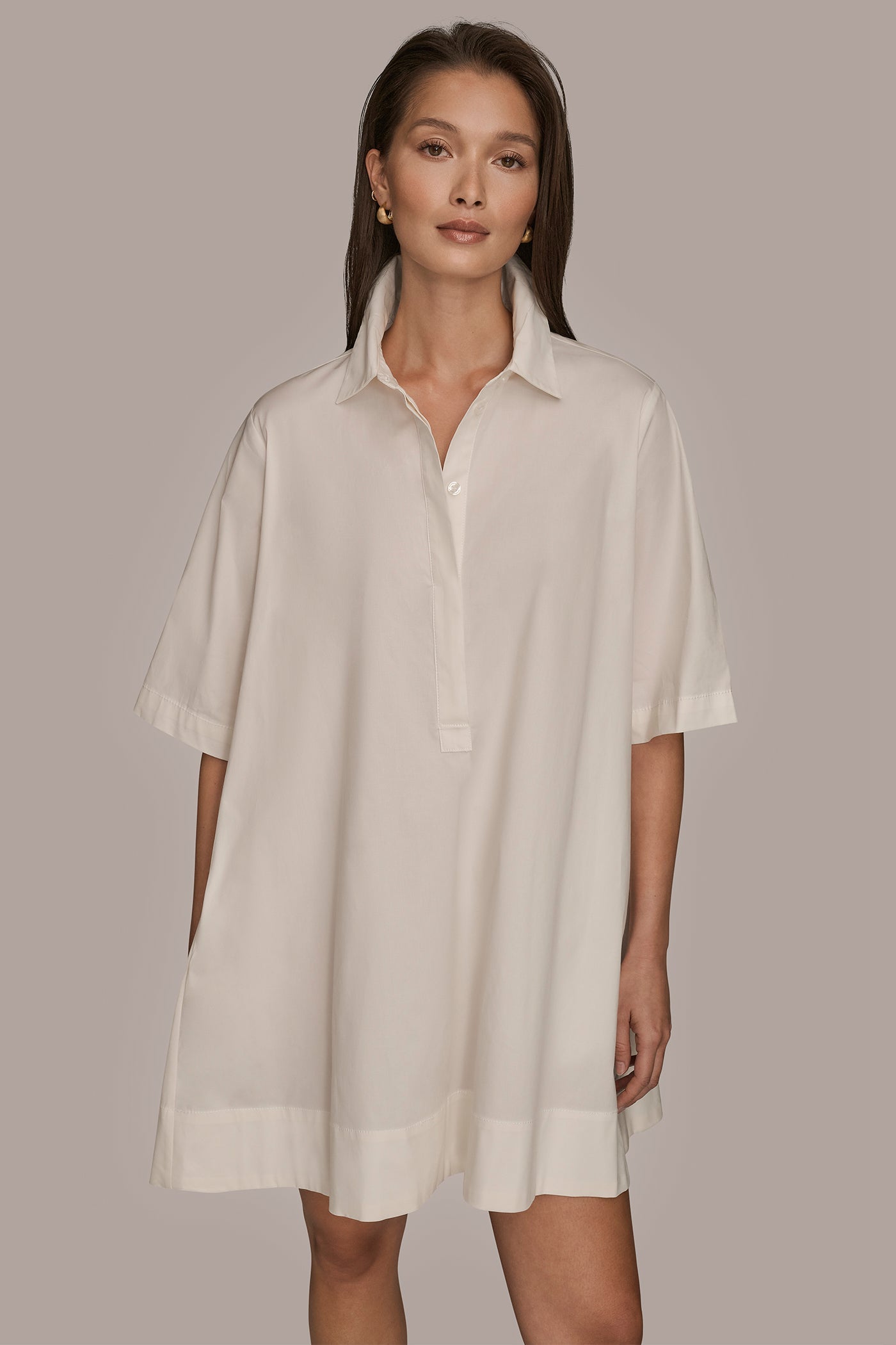 CREAM ELBOW-SLEEVE MINI SHIRT DRESS Donna Karan