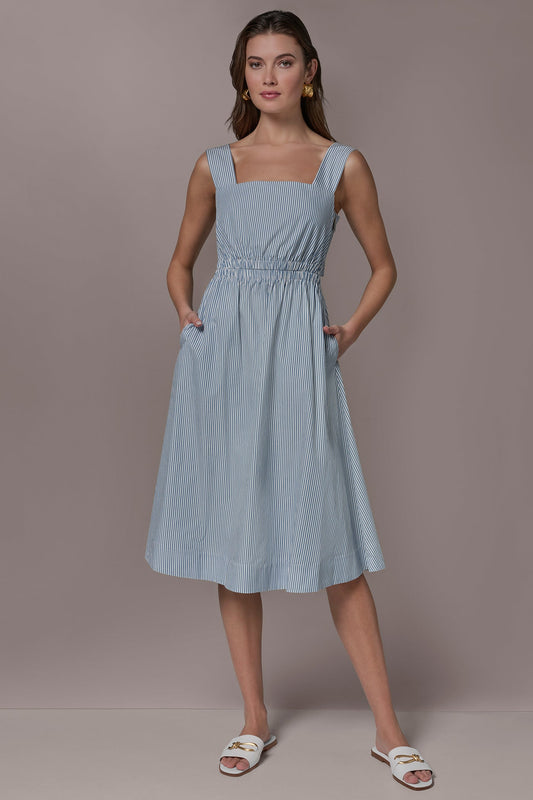 Washed Indigo/White COTTON-POPLIN STRIPE CUTOUT MIDI DRESS Donna Karan