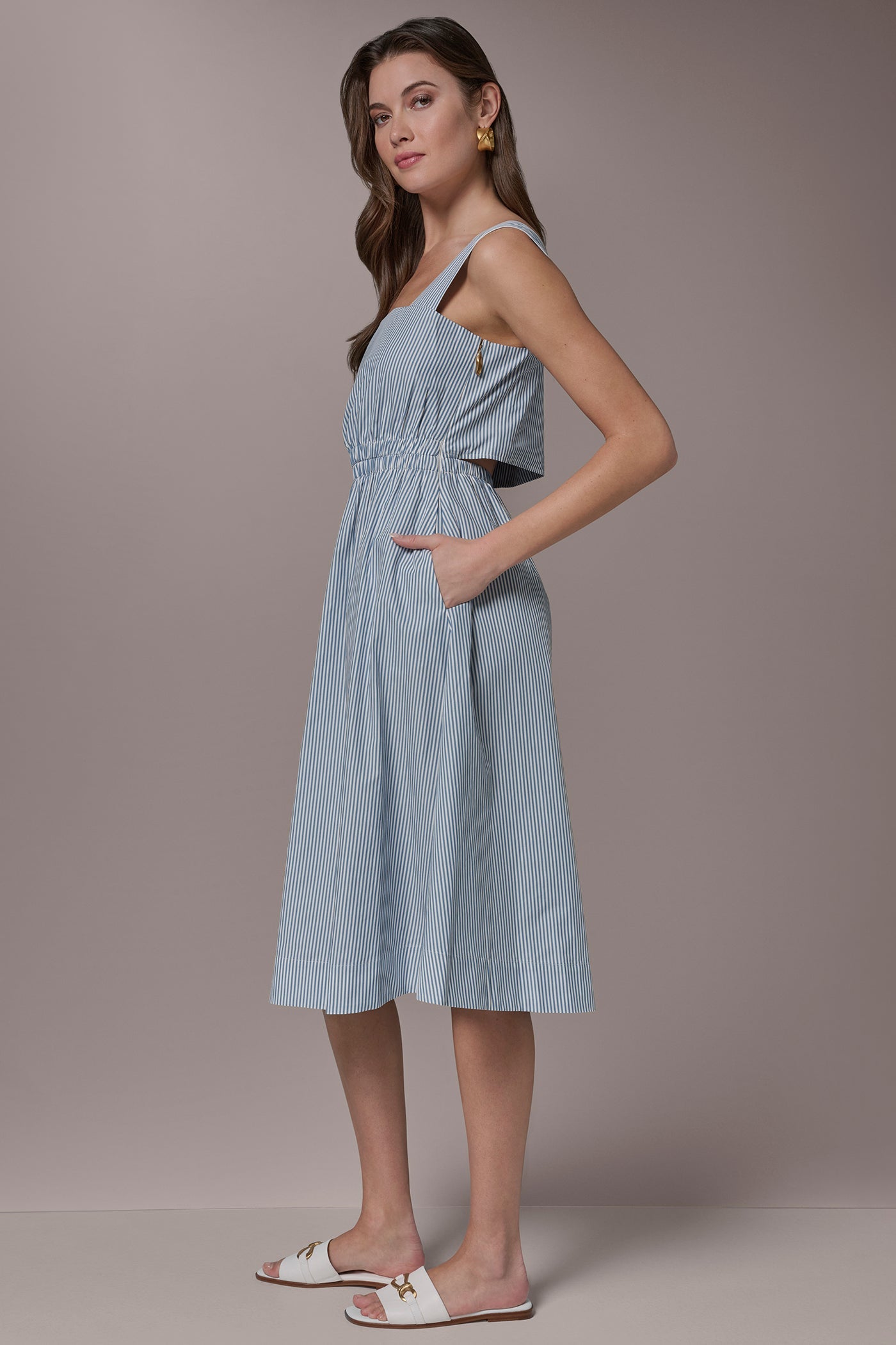 Washed Indigo/White COTTON-POPLIN STRIPE CUTOUT MIDI DRESS Donna Karan