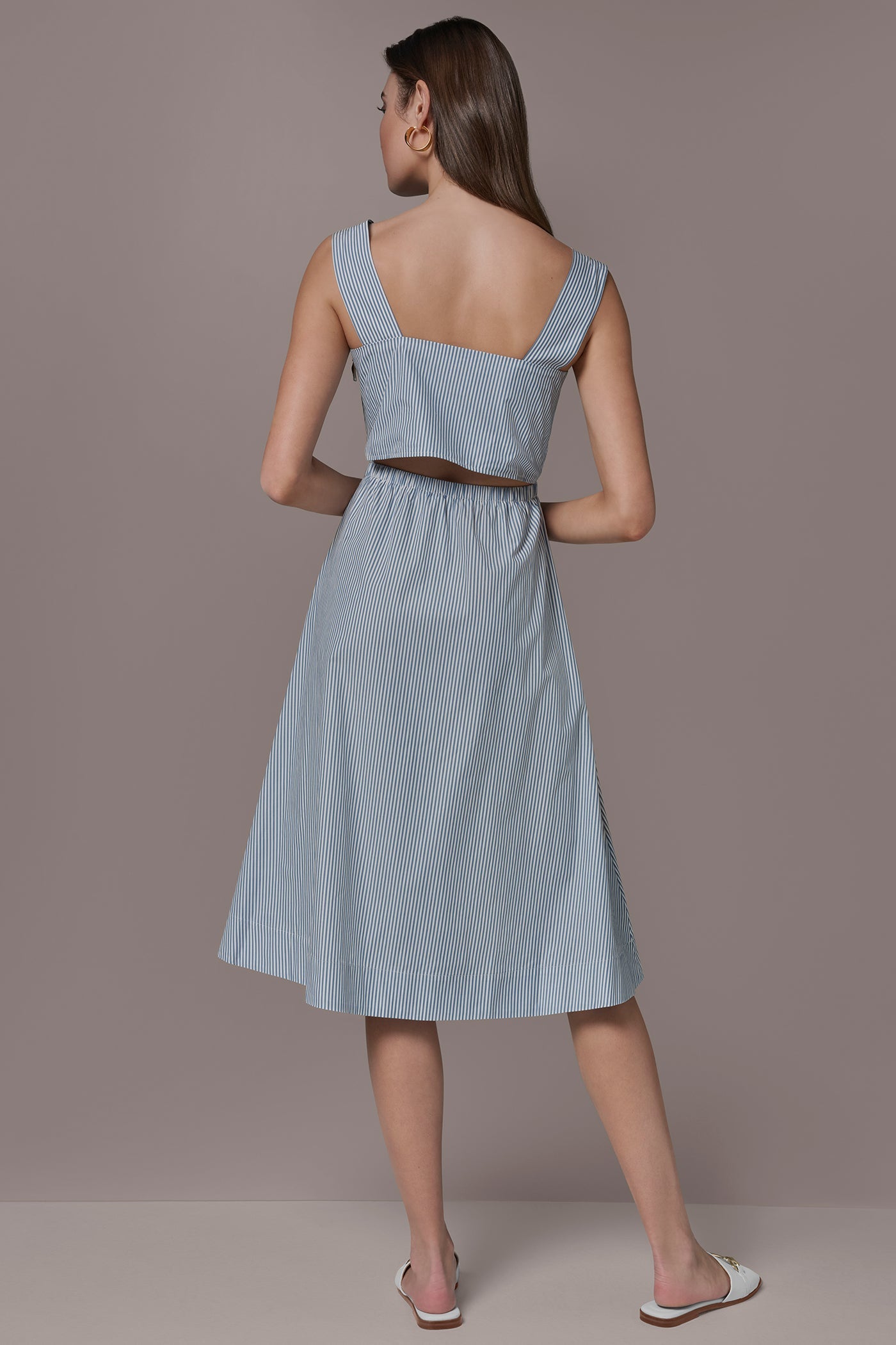 Washed Indigo/White COTTON-POPLIN STRIPE CUTOUT MIDI DRESS Donna Karan