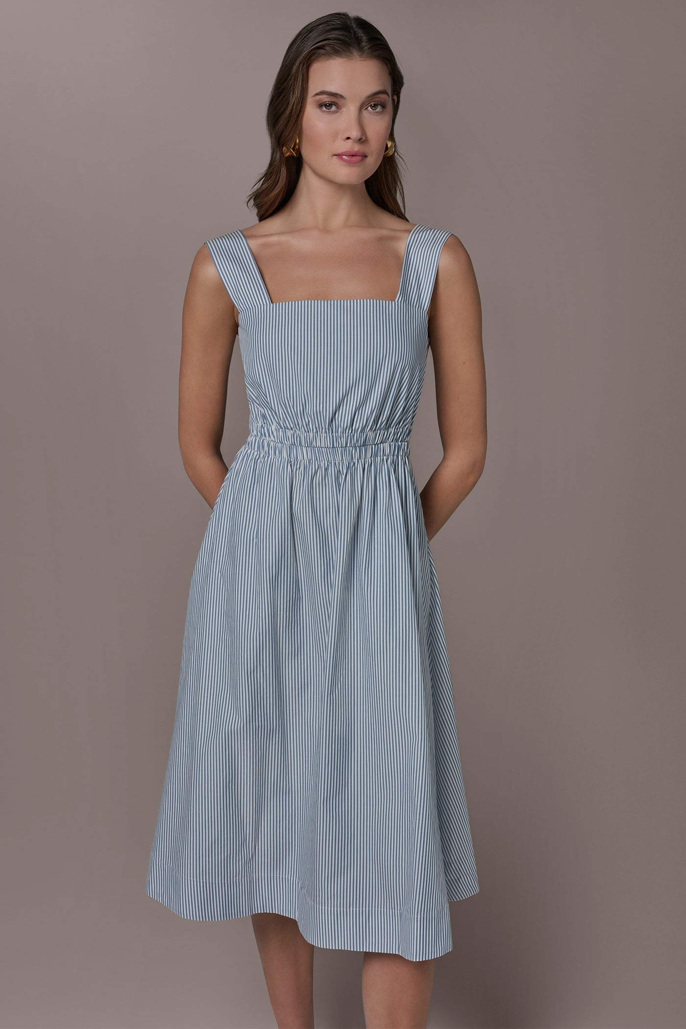 Washed Indigo/White COTTON-POPLIN STRIPE CUTOUT MIDI DRESS Donna Karan