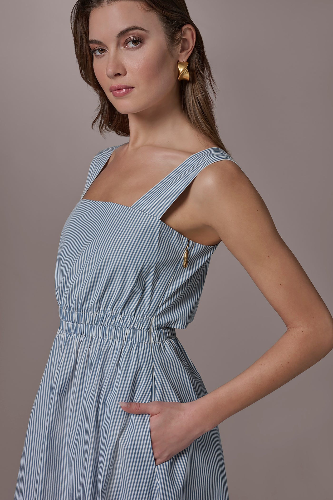 Washed Indigo/White COTTON-POPLIN STRIPE CUTOUT MIDI DRESS Donna Karan
