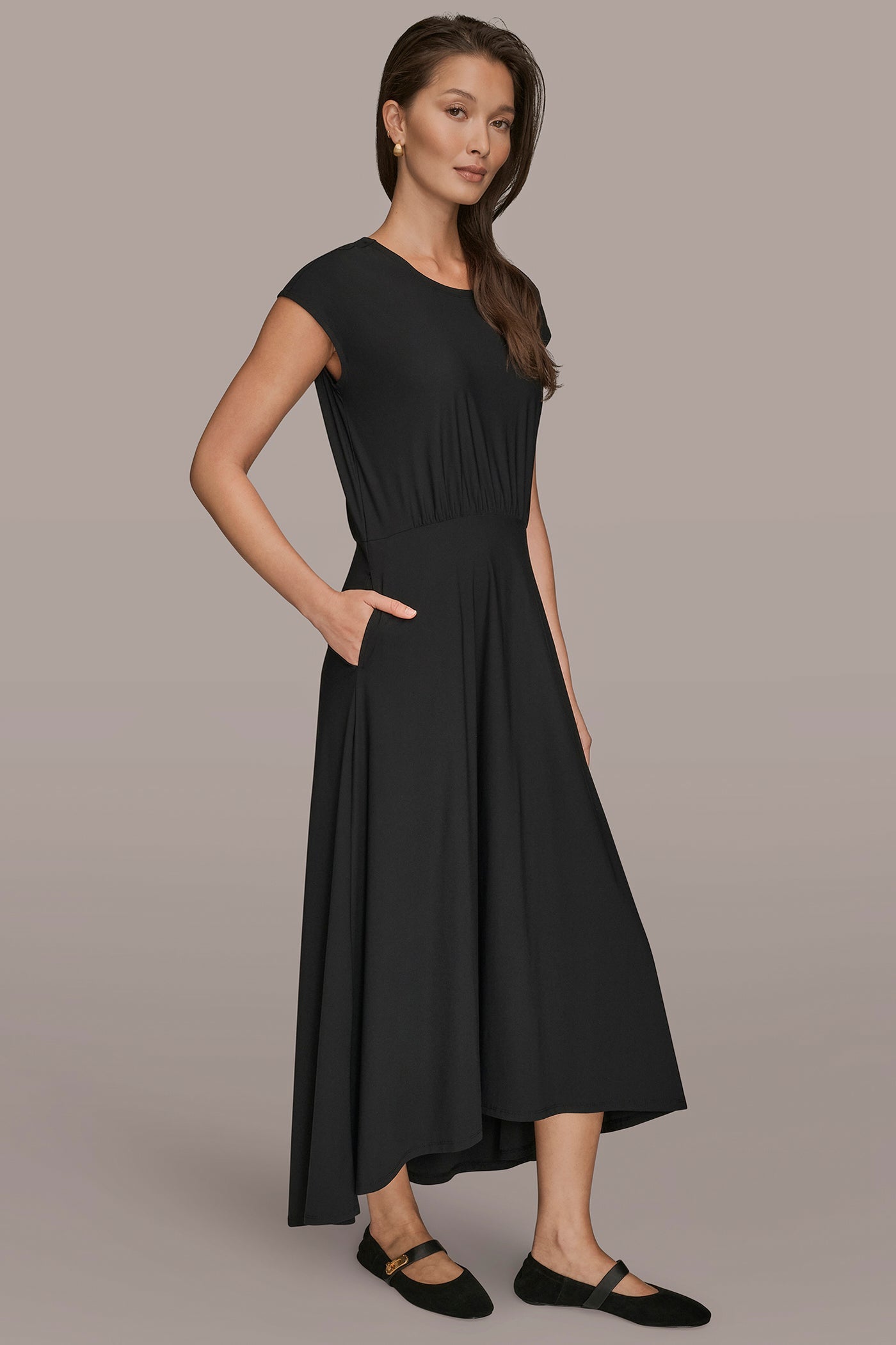 Black THE MODERN TRAVEL MIDI FIT AND FLARE DRESS Donna Karan
