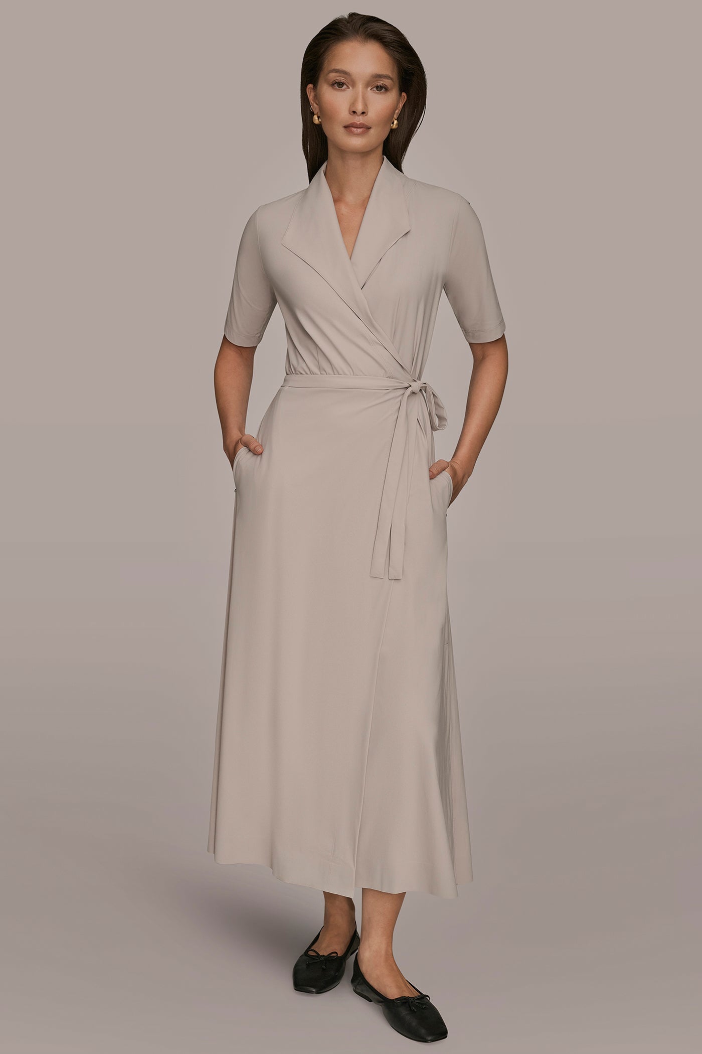 VAPOR THE MODERN TRAVEL ELBOW-SLEEVE MIDI WRAP DRESS Donna Karan