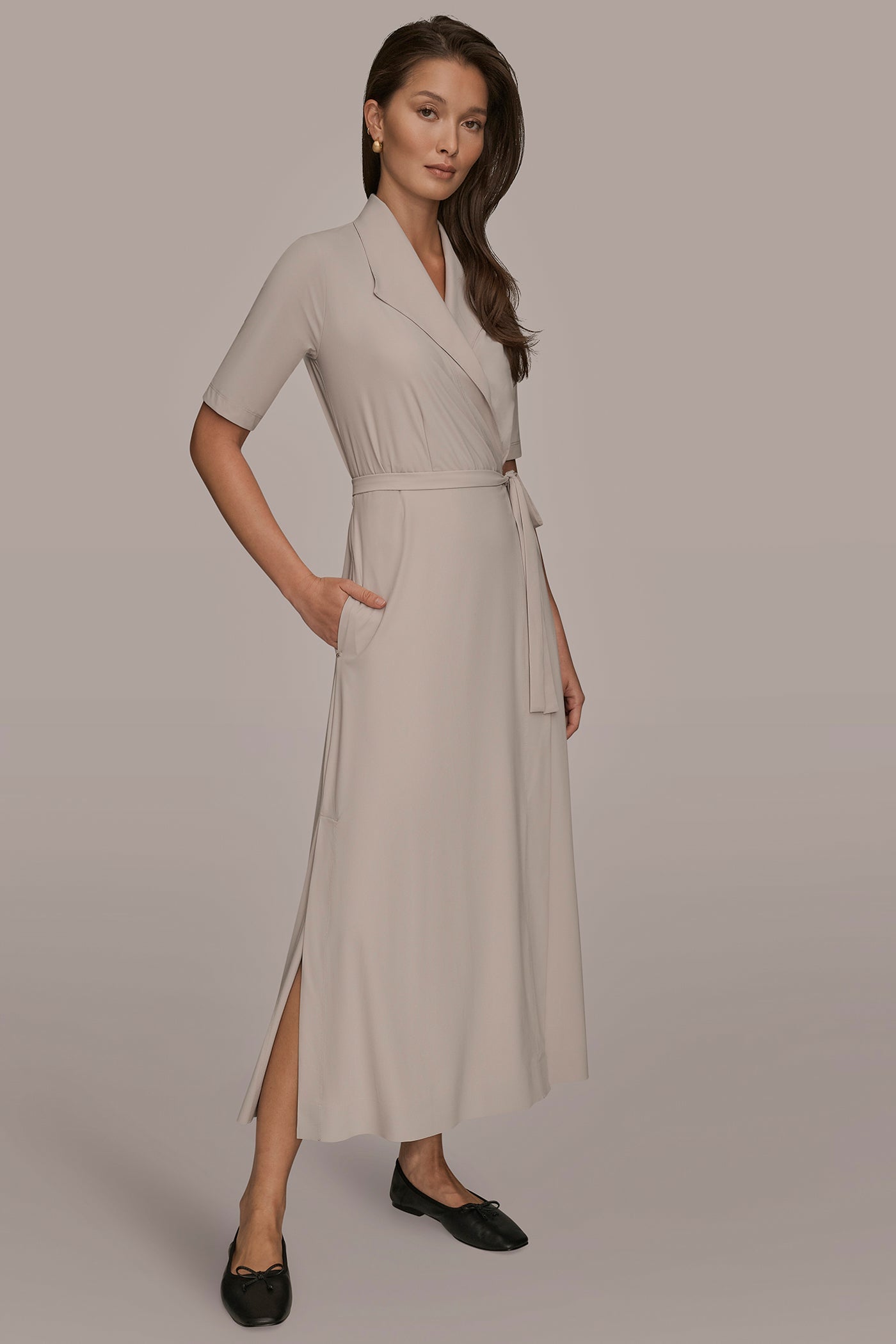 VAPOR THE MODERN TRAVEL ELBOW-SLEEVE MIDI WRAP DRESS Donna Karan