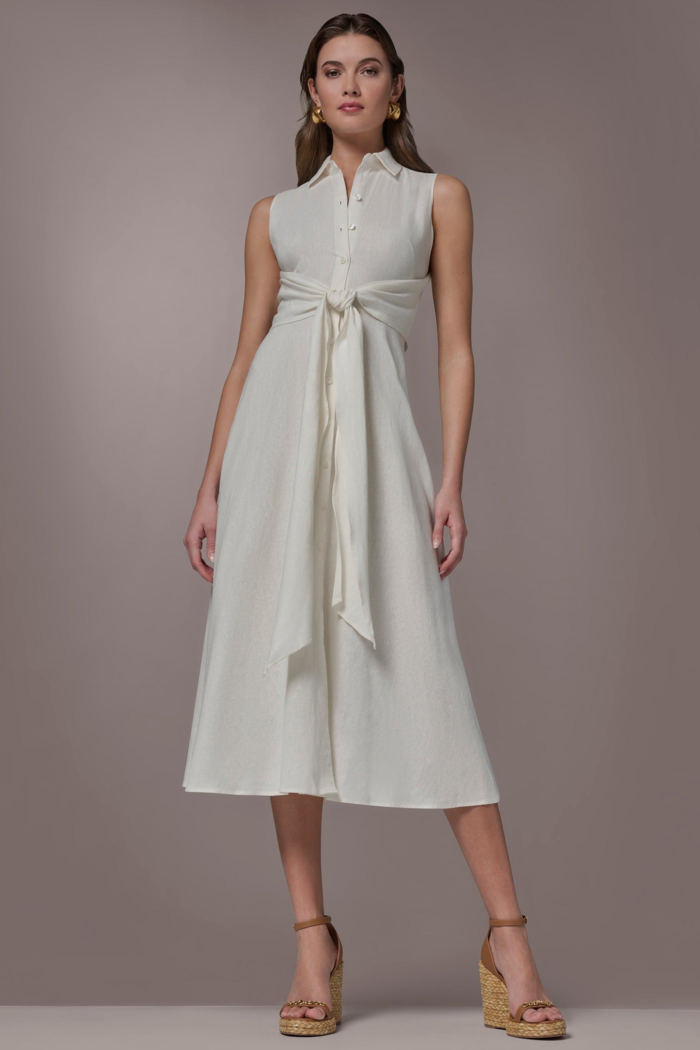 Cream LINEN-BLEND MIDI SHIRT DRESS Donna Karan