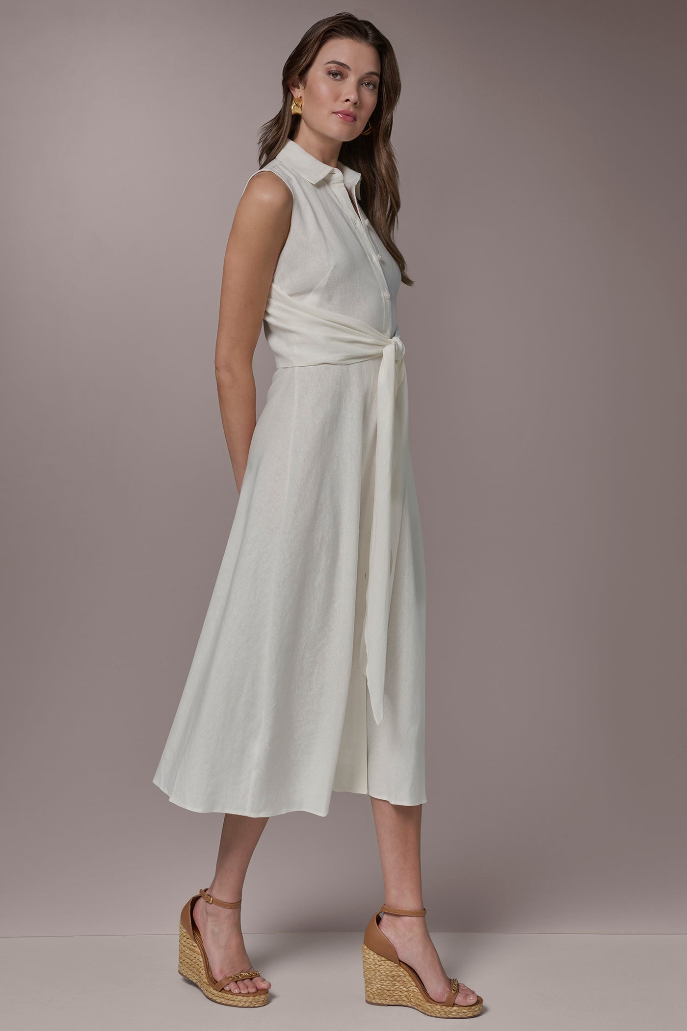 Cream LINEN-BLEND MIDI SHIRT DRESS Donna Karan