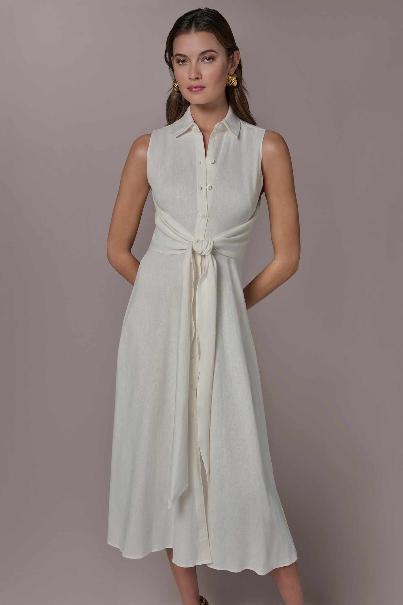 Cream LINEN-BLEND MIDI SHIRT DRESS Donna Karan