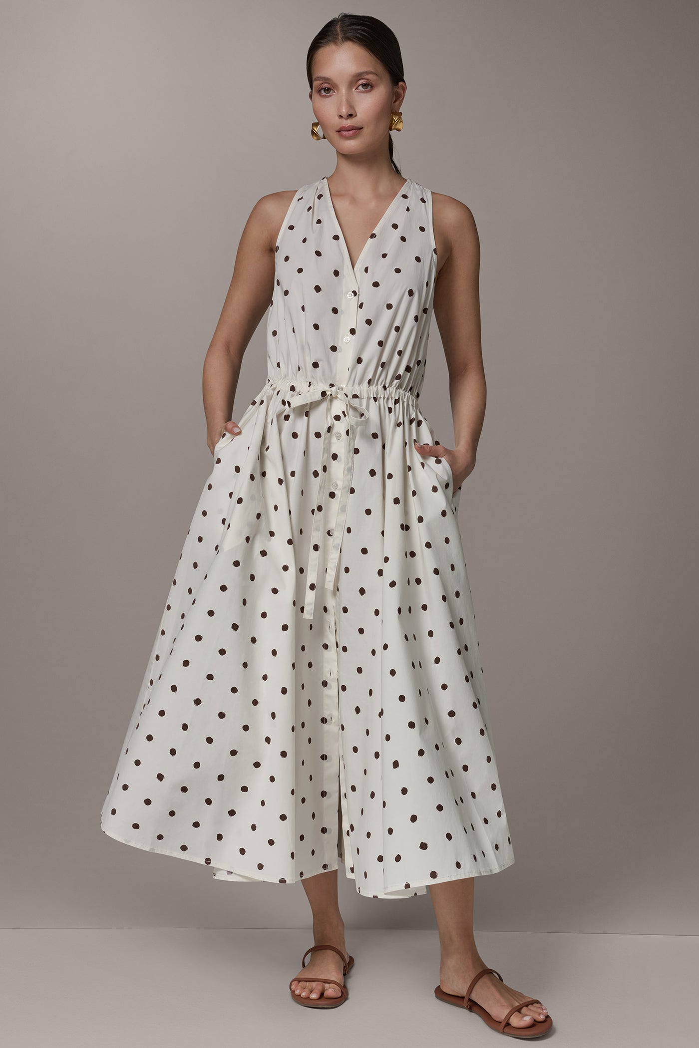 Cream Distressed Dot SLEEVELESS MIDI HALTER DRESS Donna Karan
