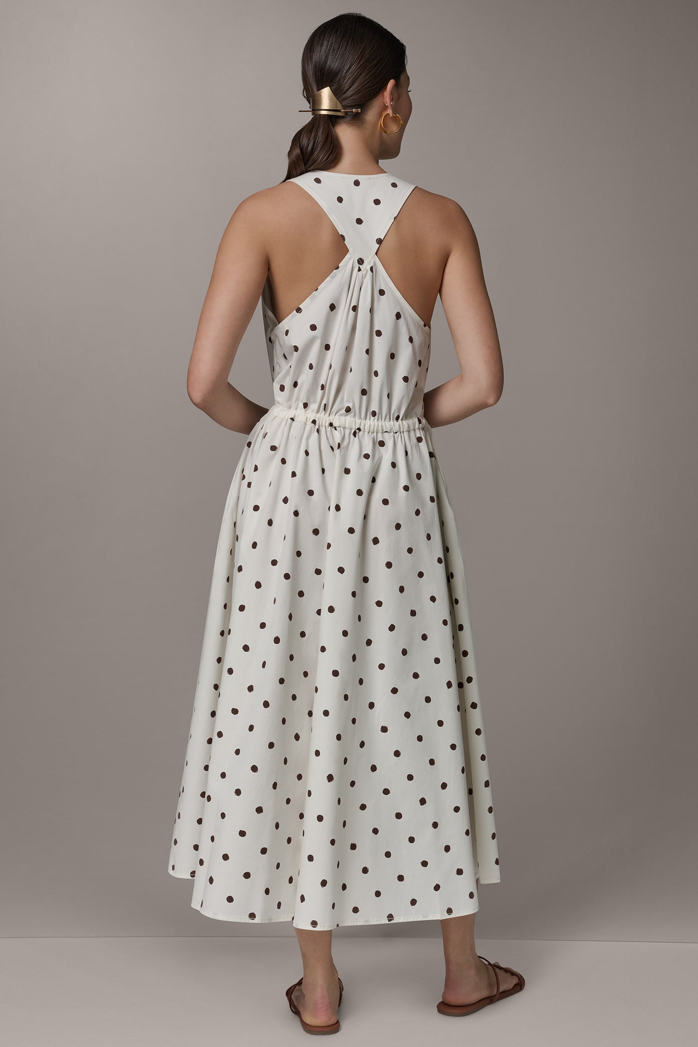 Cream Distressed Dot SLEEVELESS MIDI HALTER DRESS Donna Karan