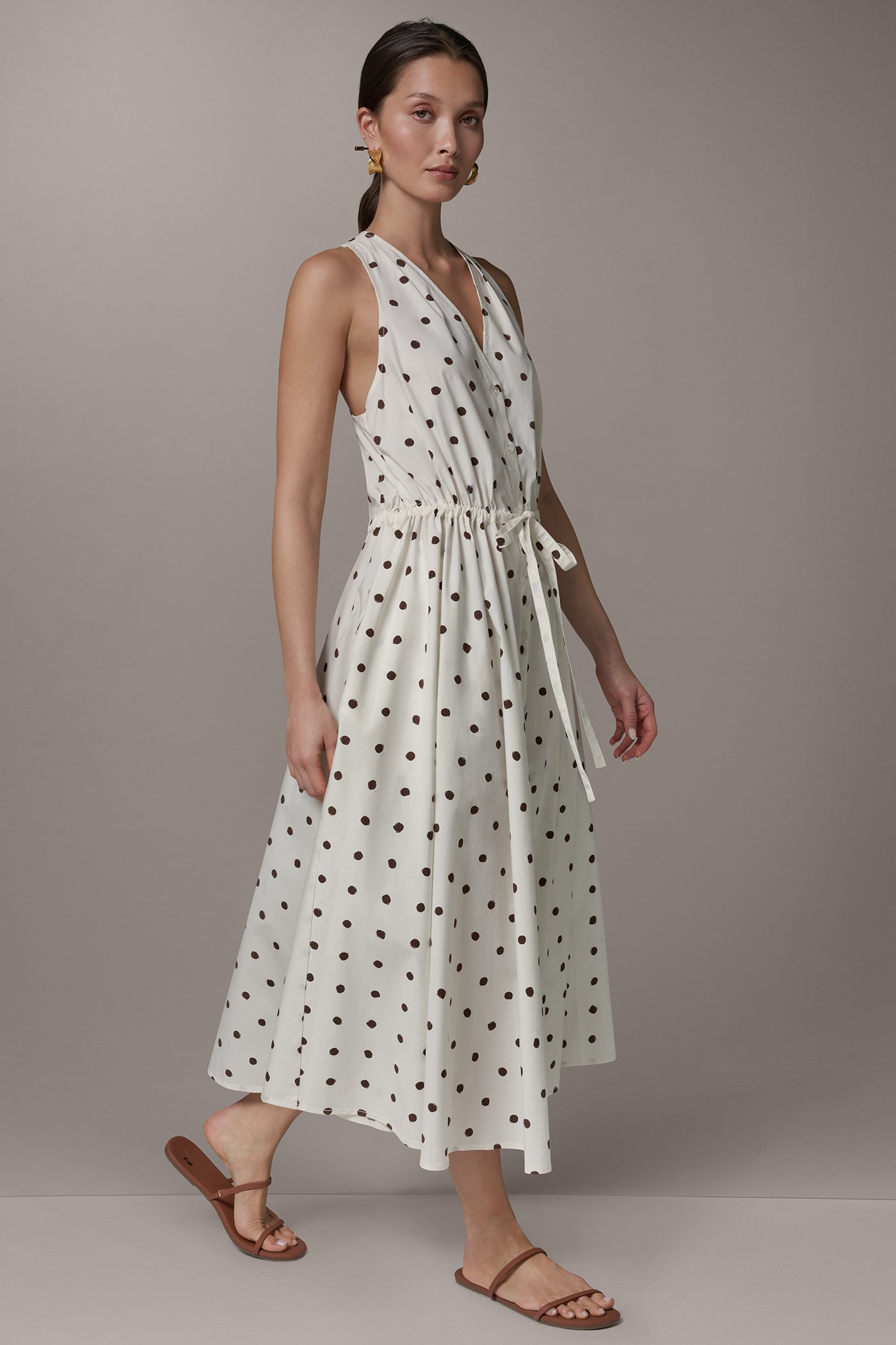 Cream Distressed Dot SLEEVELESS MIDI HALTER DRESS Donna Karan