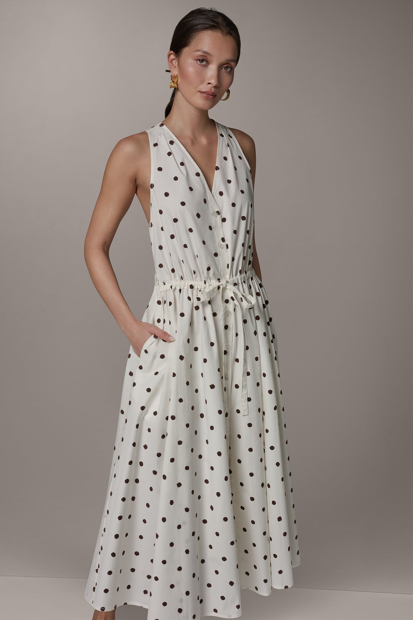 Cream Distressed Dot SLEEVELESS MIDI HALTER DRESS Donna Karan