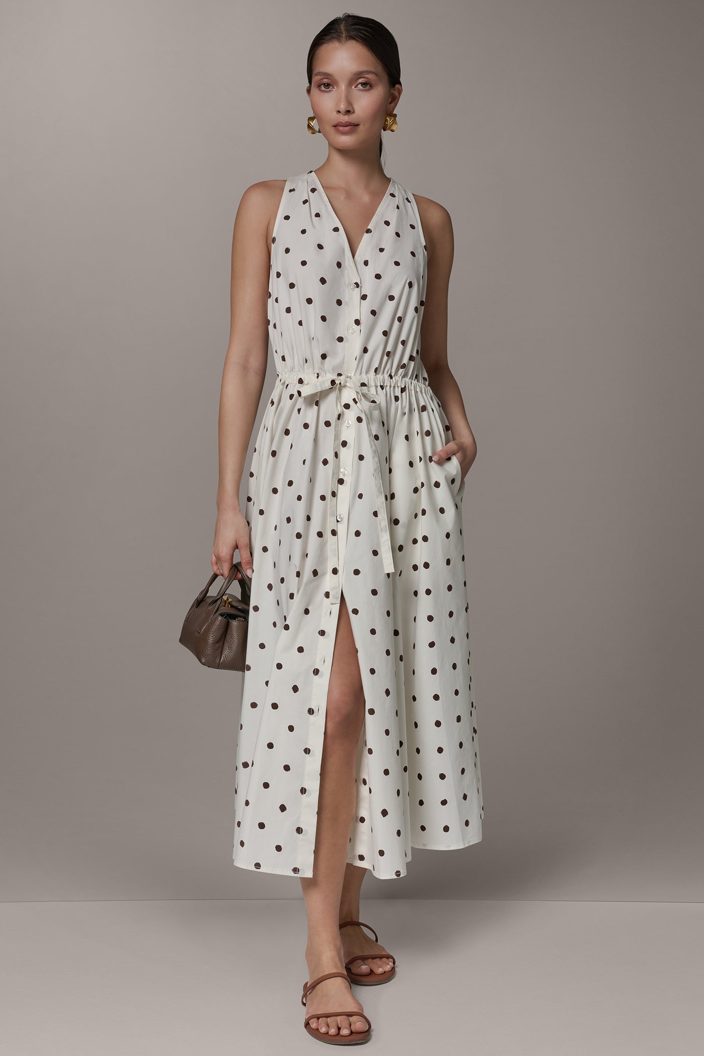 Cream Distressed Dot SLEEVELESS MIDI HALTER DRESS Donna Karan