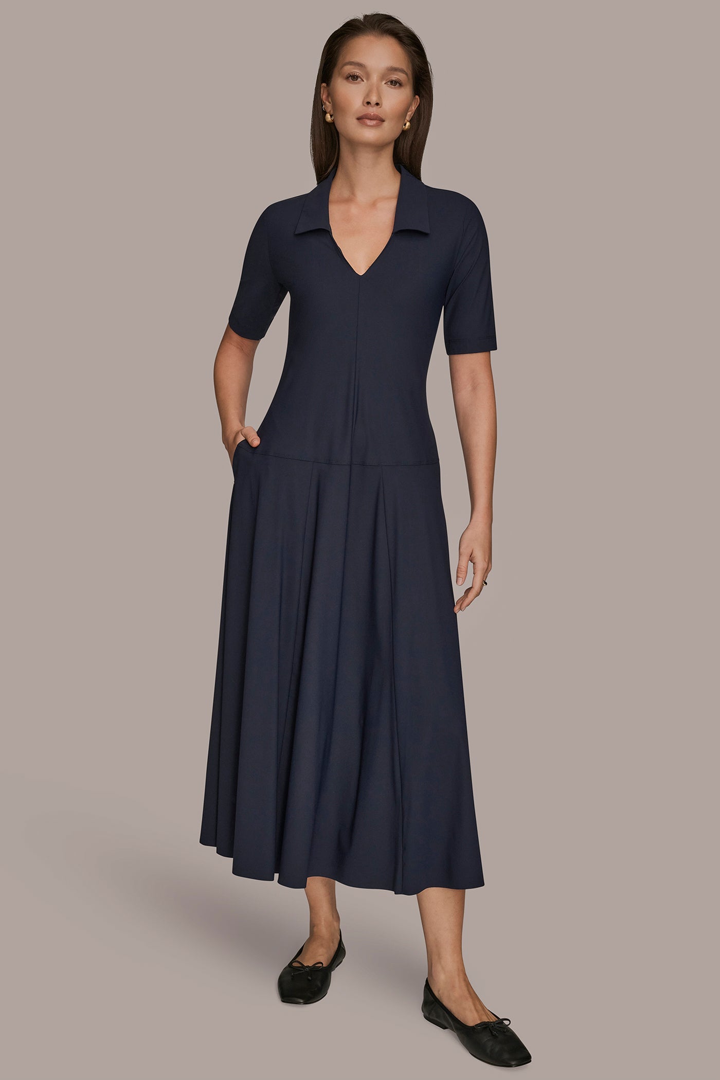 NIGHTFALL THE MODERN TRAVEL ELBOW SLEEVE MIDI POLO DRESS Donna Karan