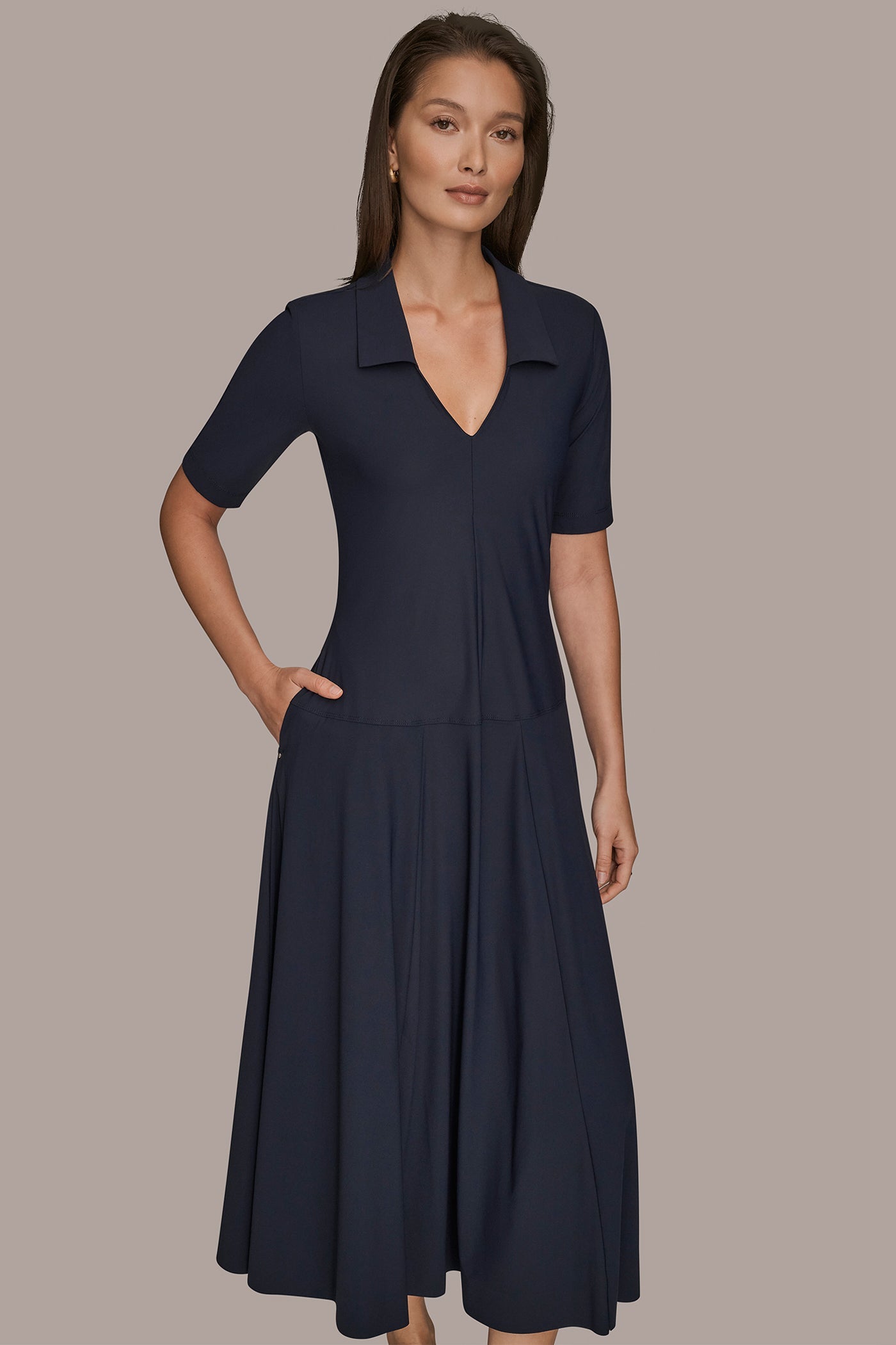 NIGHTFALL THE MODERN TRAVEL ELBOW SLEEVE MIDI POLO DRESS Donna Karan