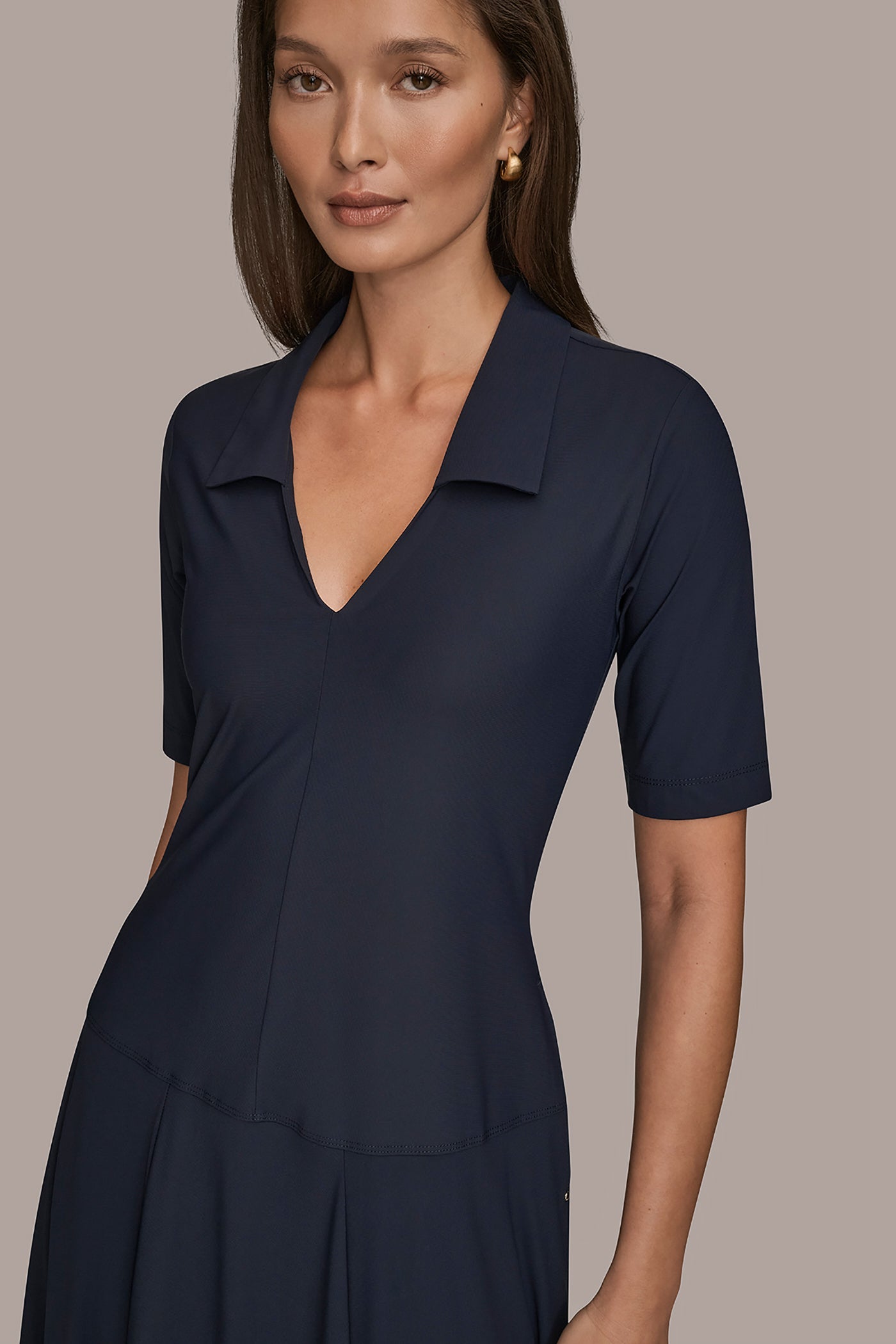 NIGHTFALL THE MODERN TRAVEL ELBOW SLEEVE MIDI POLO DRESS Donna Karan