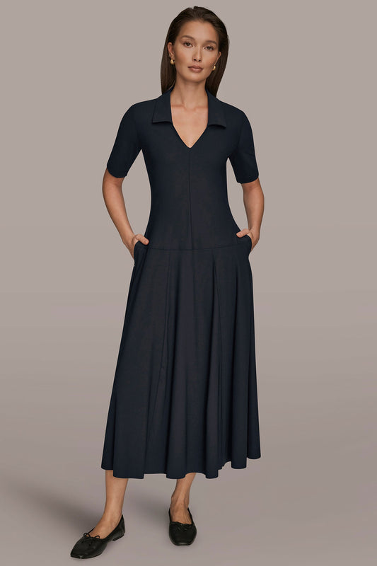 Black THE MODERN TRAVEL ELBOW SLEEVE MIDI POLO DRESS Donna Karan