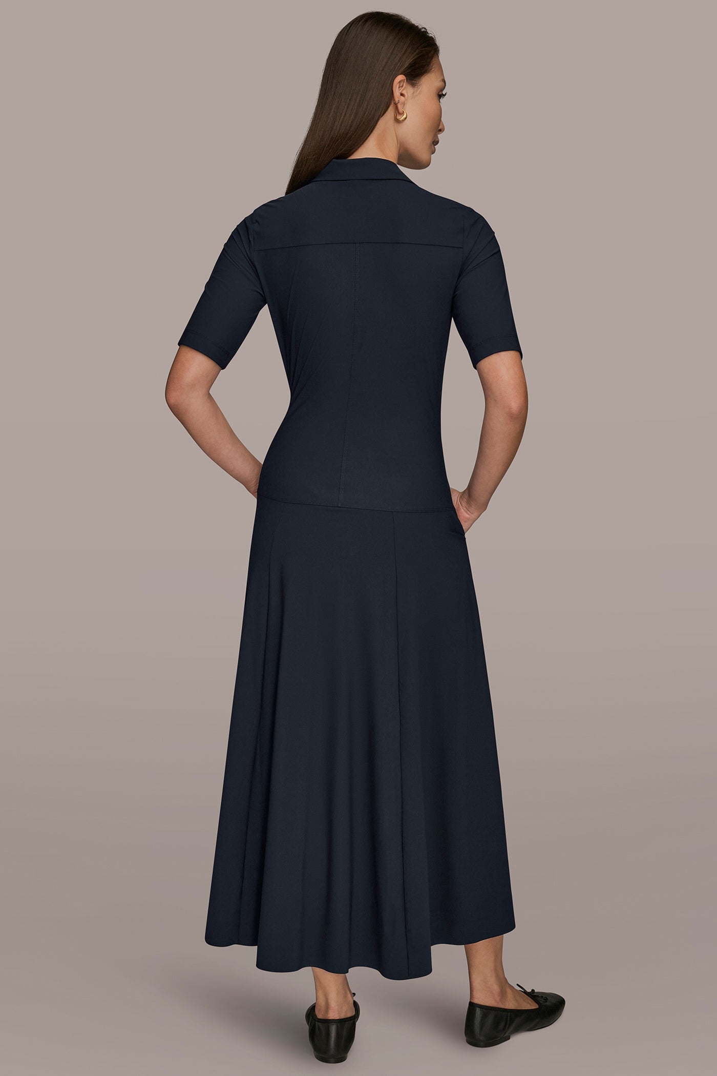 Black THE MODERN TRAVEL ELBOW SLEEVE MIDI POLO DRESS Donna Karan