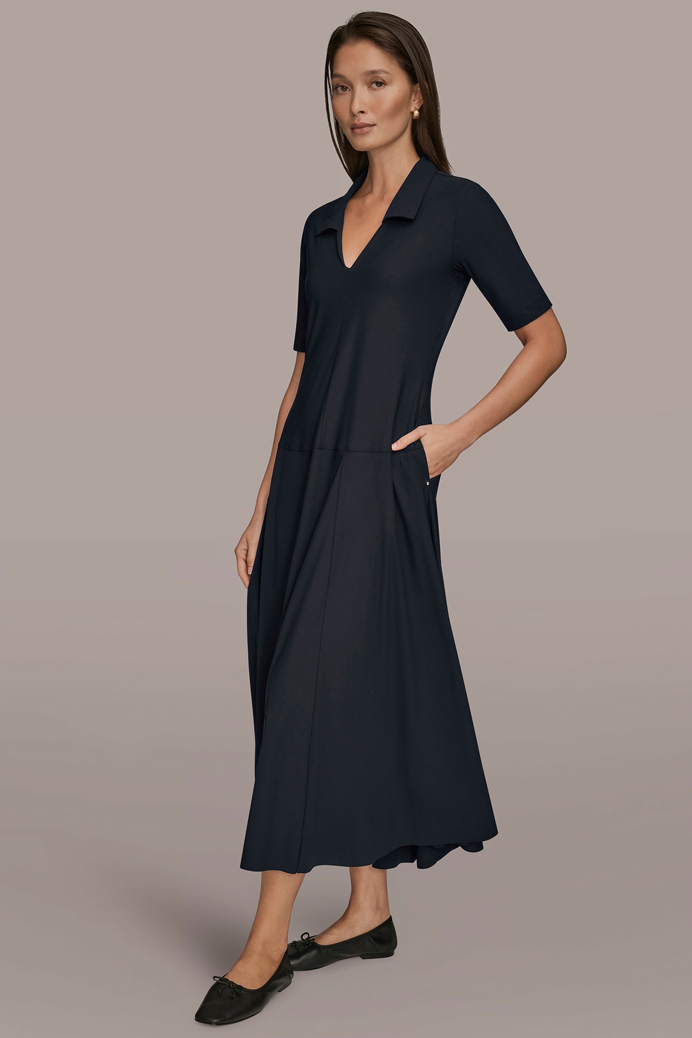 Black THE MODERN TRAVEL ELBOW SLEEVE MIDI POLO DRESS Donna Karan