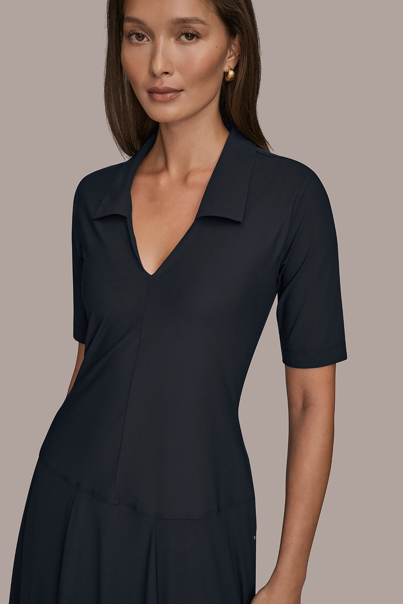 Black THE MODERN TRAVEL ELBOW SLEEVE MIDI POLO DRESS Donna Karan