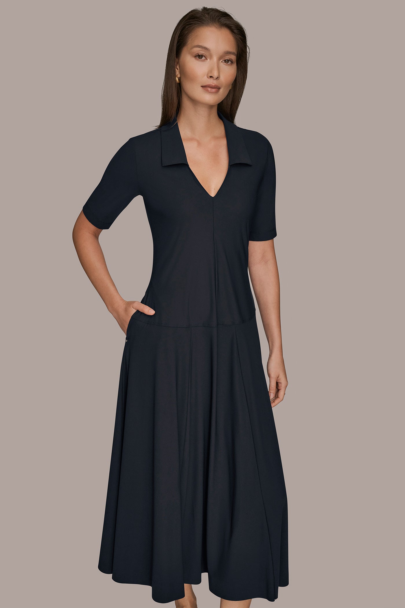 Black THE MODERN TRAVEL ELBOW SLEEVE MIDI POLO DRESS Donna Karan