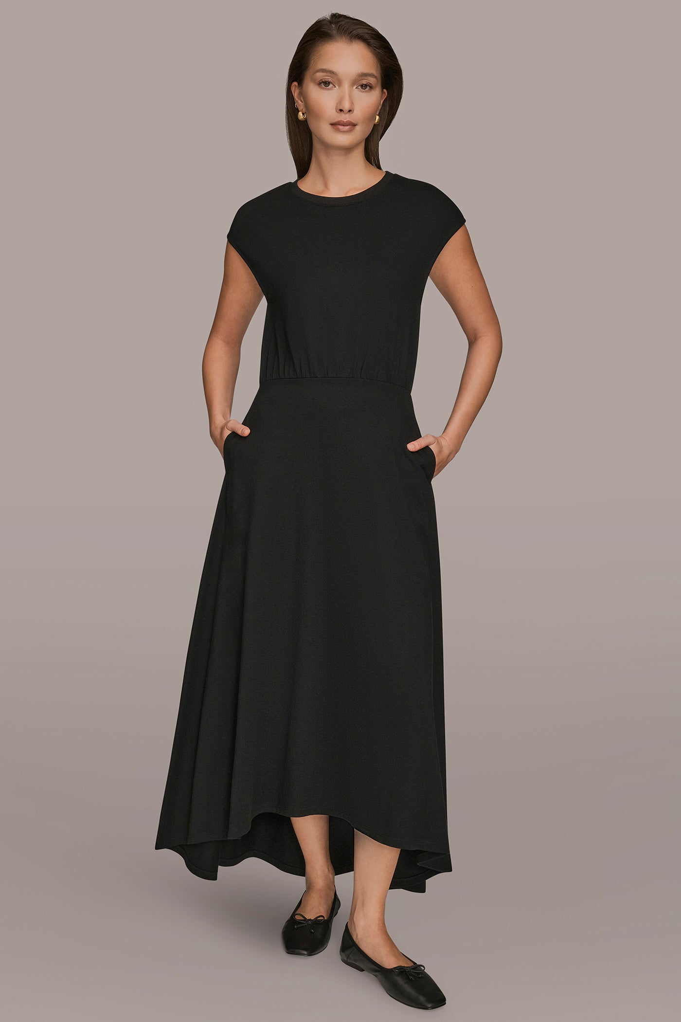Black CAP SLEEVE CREW NECK DRESS Donna Karan