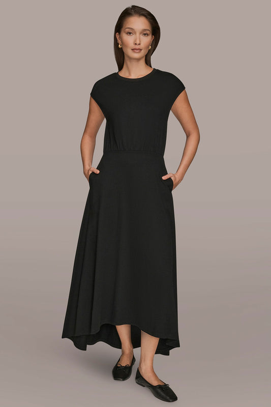 Black CAP SLEEVE CREW NECK DRESS Donna Karan