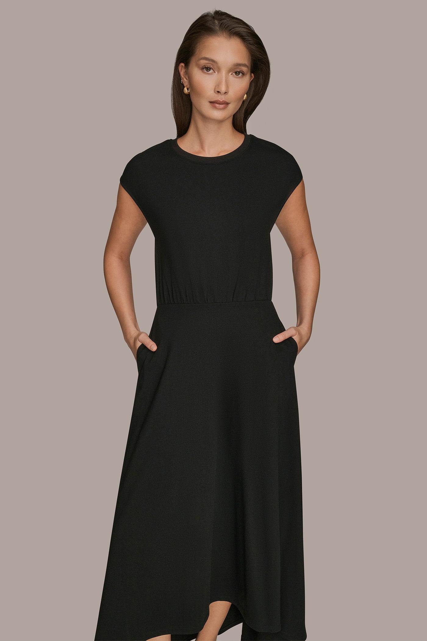Black CAP SLEEVE CREW NECK DRESS Donna Karan