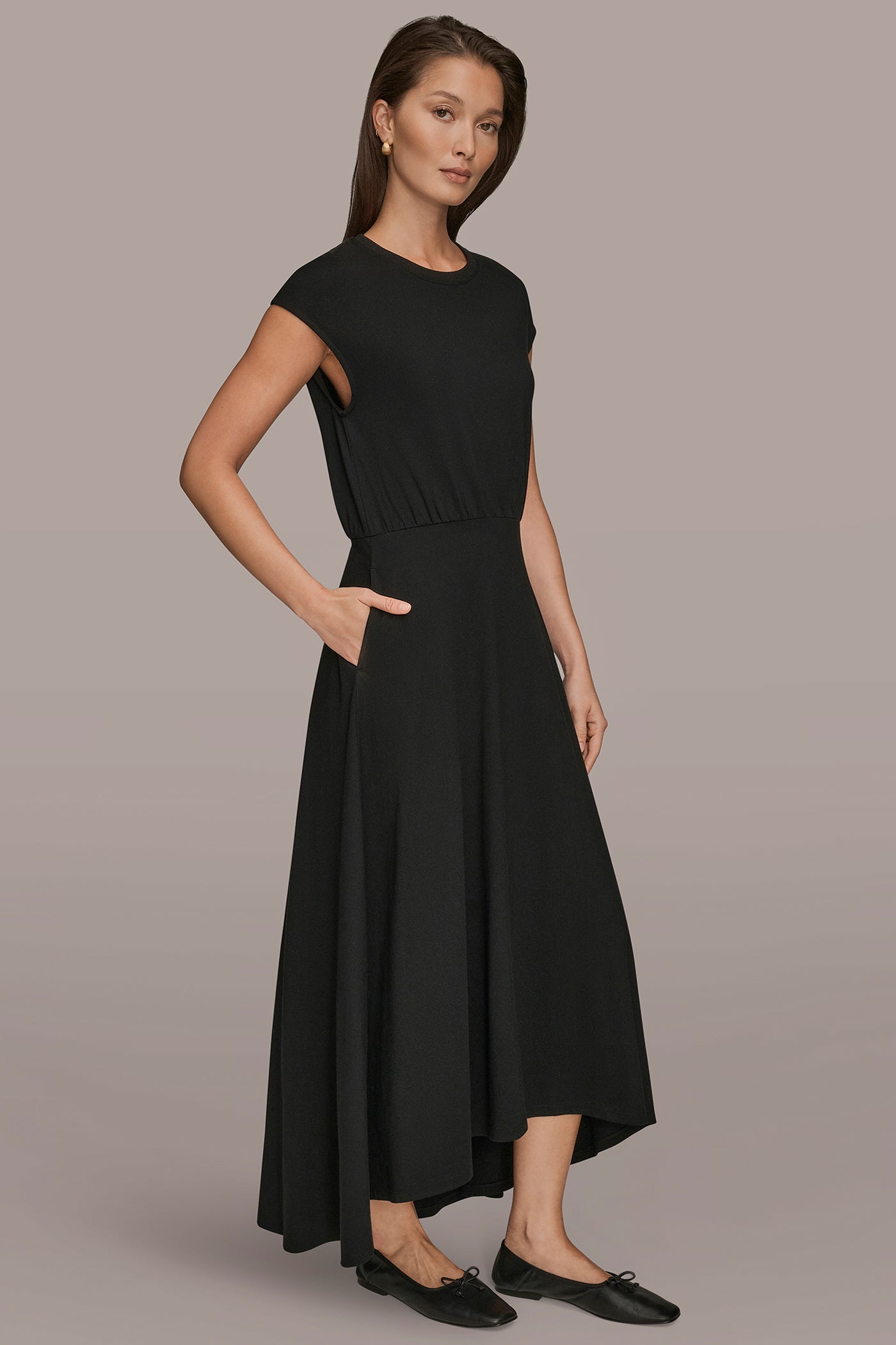 Black CAP SLEEVE CREW NECK DRESS Donna Karan