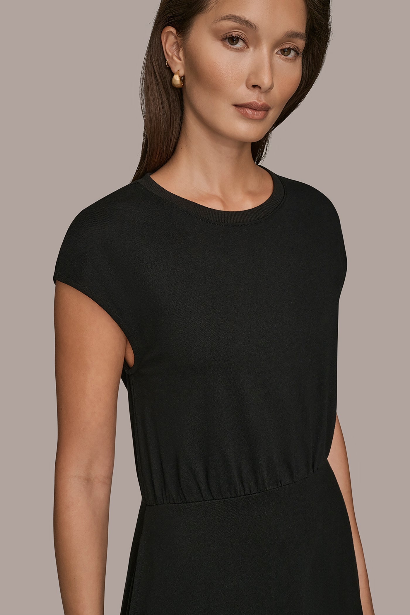 Black CAP SLEEVE CREW NECK DRESS Donna Karan