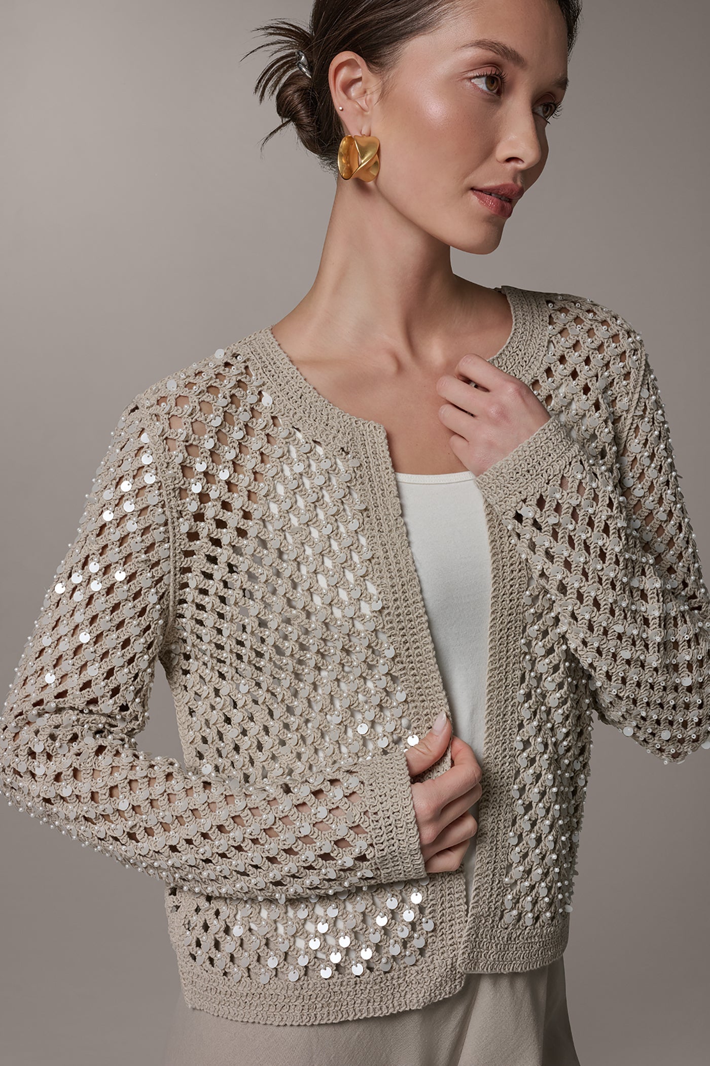 Sandstone LONG SLEEVE PEARL SEQUIN CARDIGAN Donna Karan