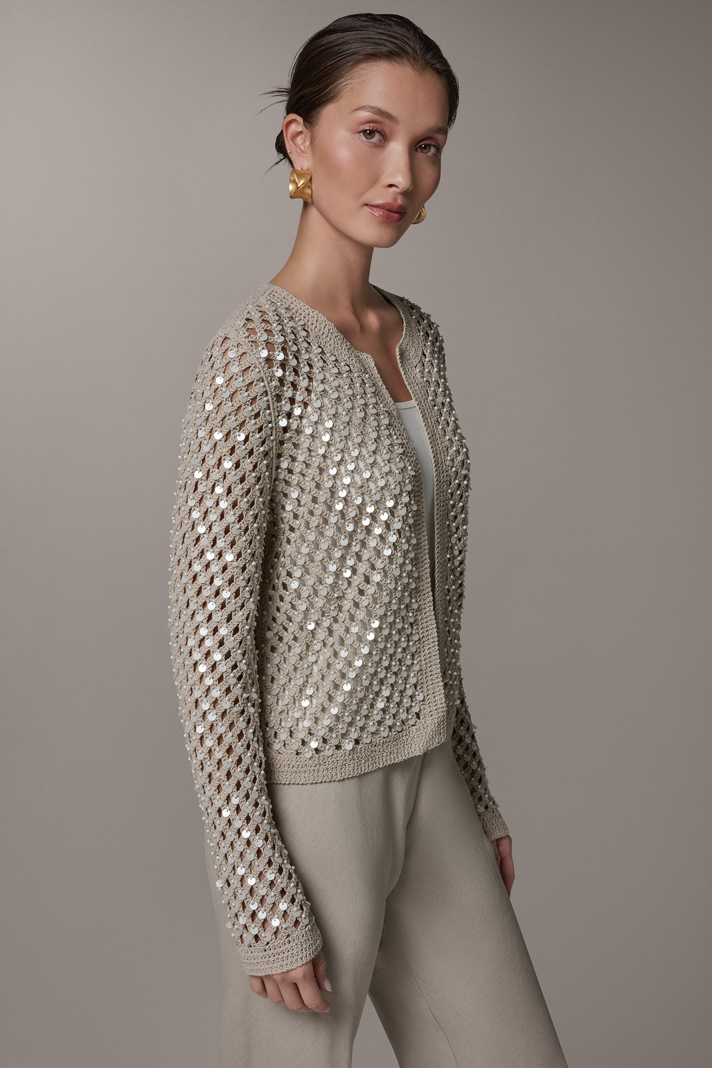 Sandstone LONG SLEEVE PEARL SEQUIN CARDIGAN Donna Karan