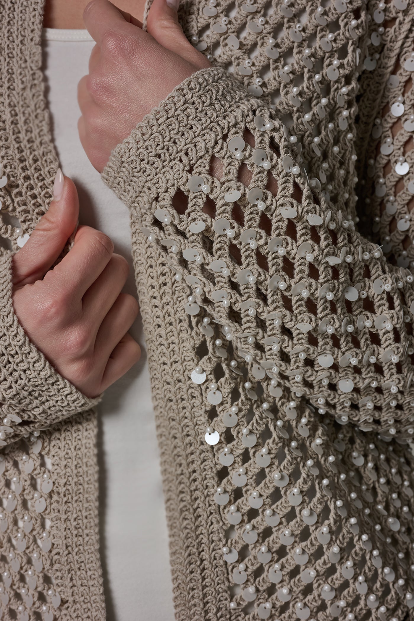 Sandstone LONG SLEEVE PEARL SEQUIN CARDIGAN Donna Karan