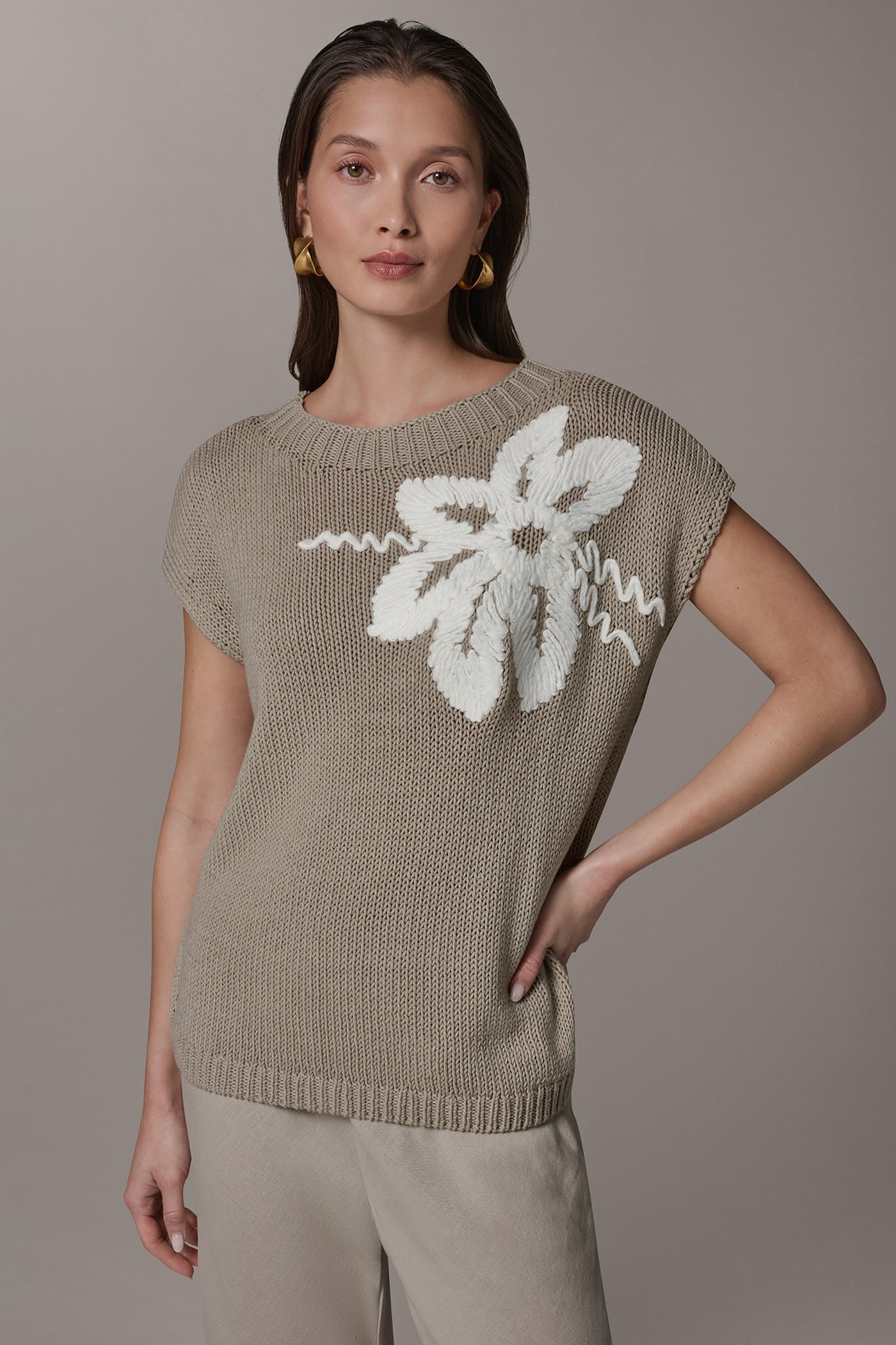 Sandstone/Cream SLEEVELESS FLORAL SWEATER Donna Karan