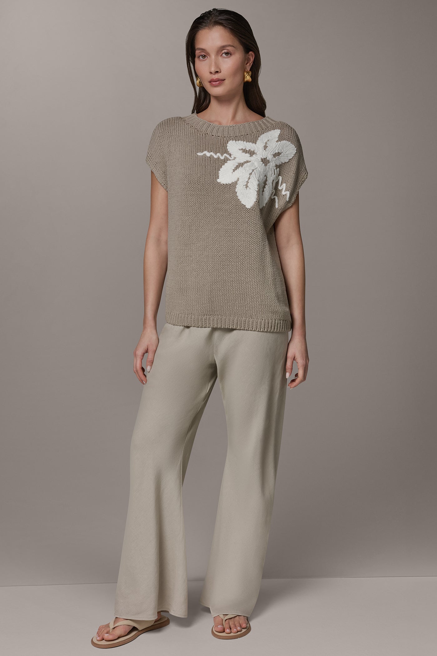 Sandstone/Cream SLEEVELESS FLORAL SWEATER Donna Karan