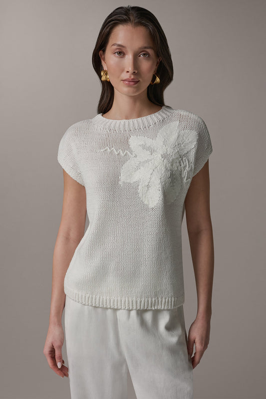 Cream SLEEVELESS FLORAL SWEATER Donna Karan