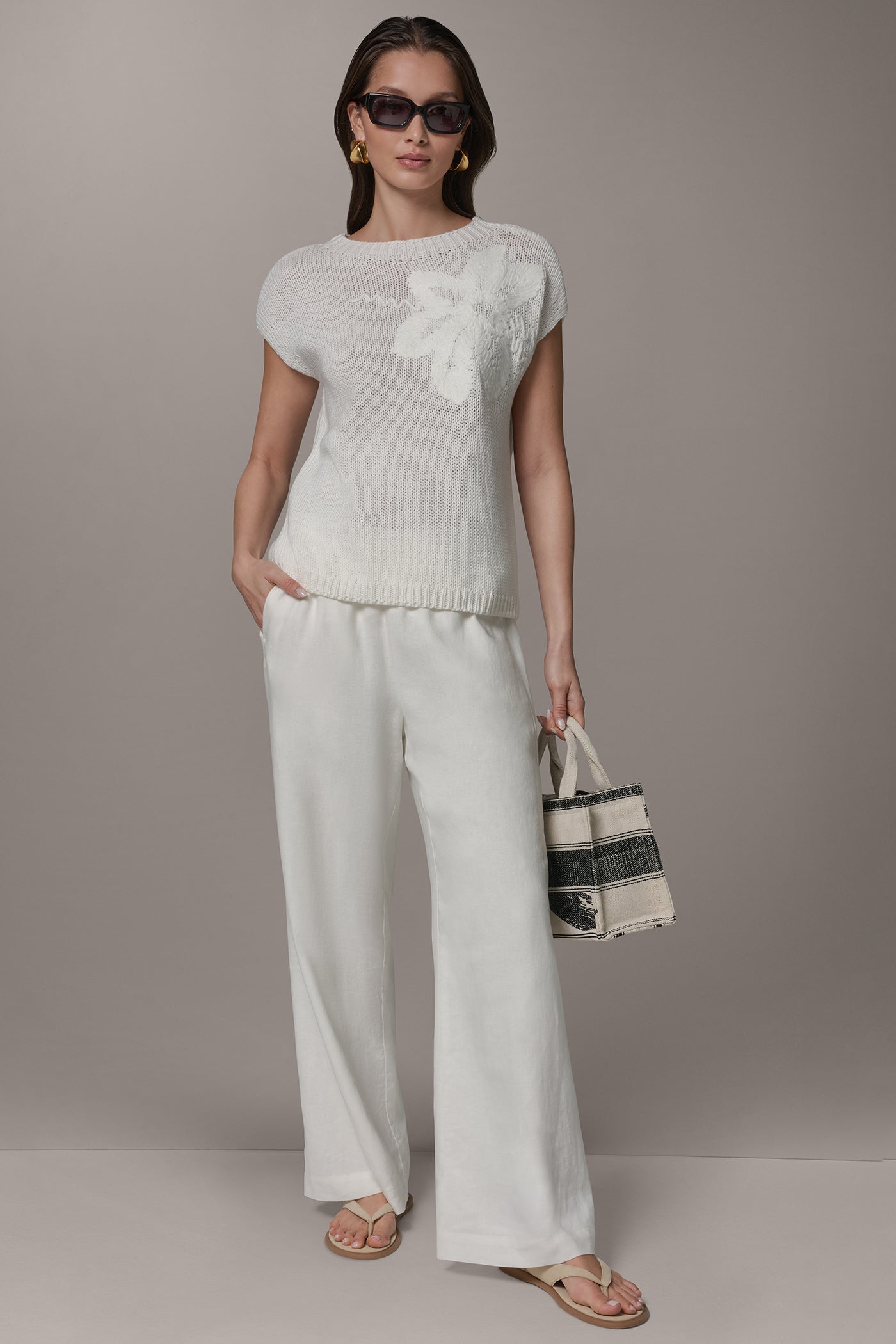 Cream SLEEVELESS FLORAL SWEATER Donna Karan