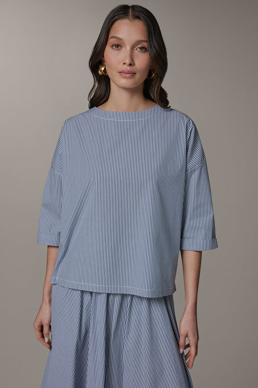 Nightfall/Cream 3/4 SLEEVE STRIPE BLOUSE Donna Karan