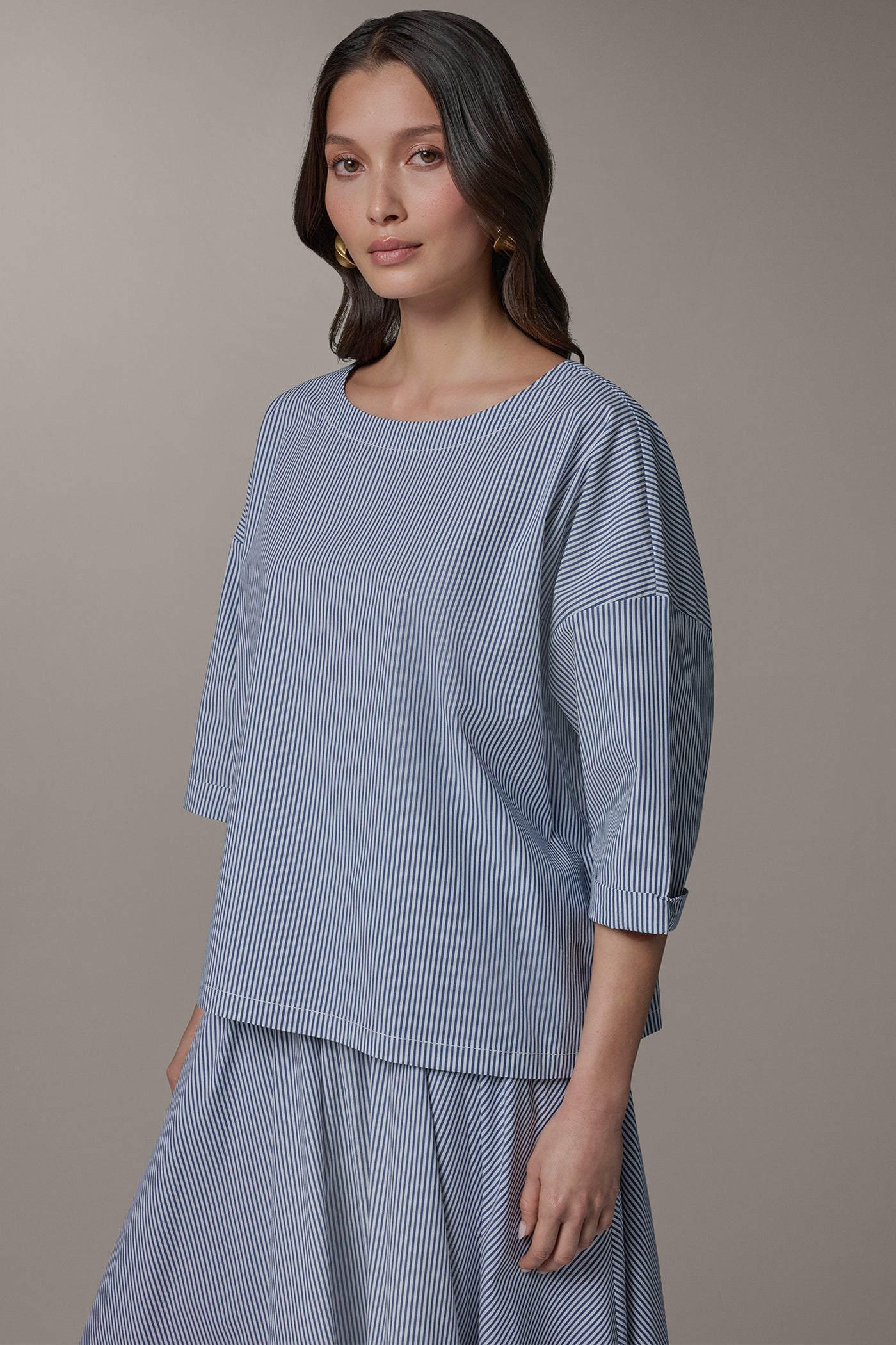 Nightfall/Cream 3/4 SLEEVE STRIPE BLOUSE Donna Karan