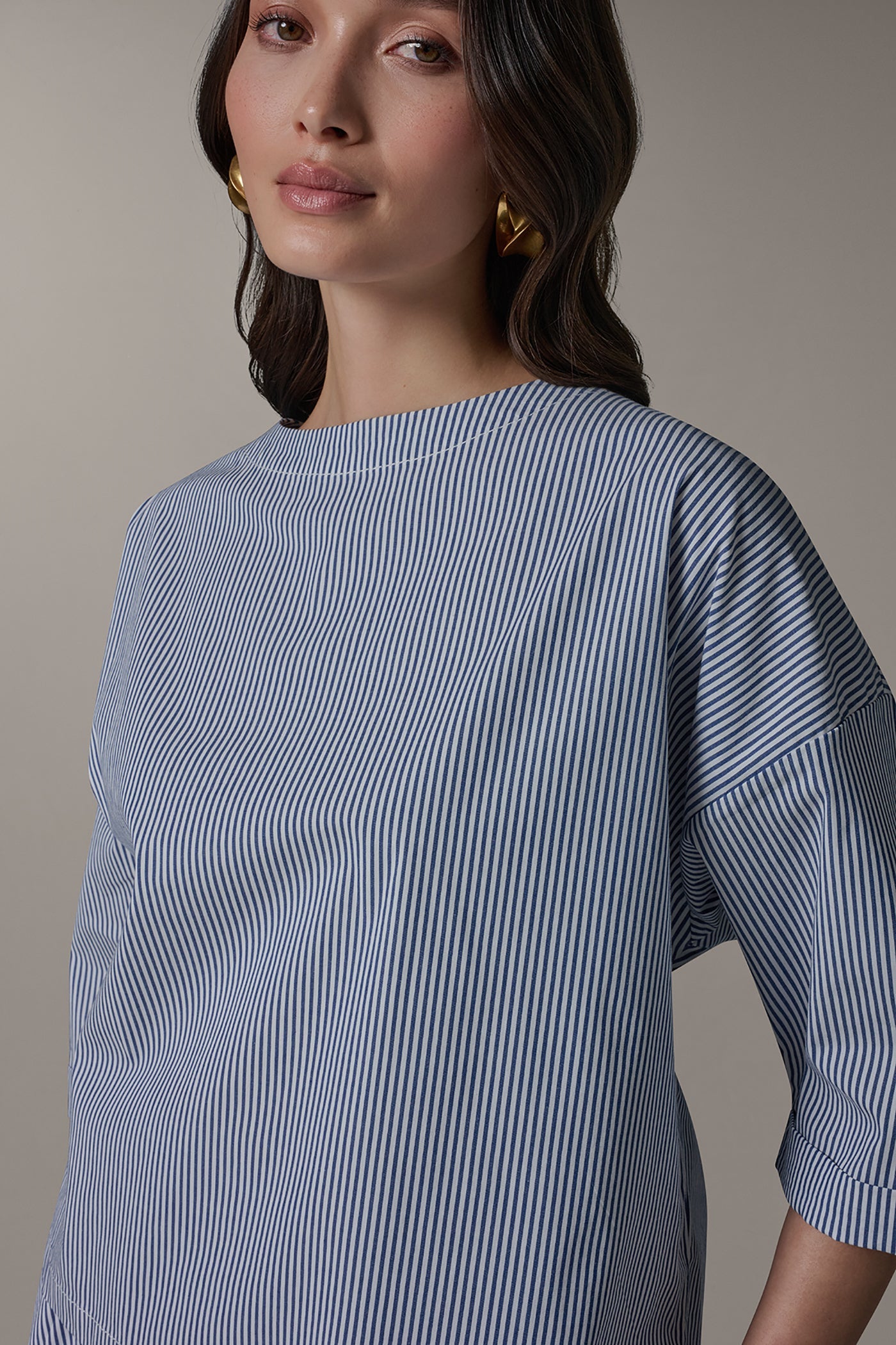Nightfall/Cream 3/4 SLEEVE STRIPE BLOUSE Donna Karan