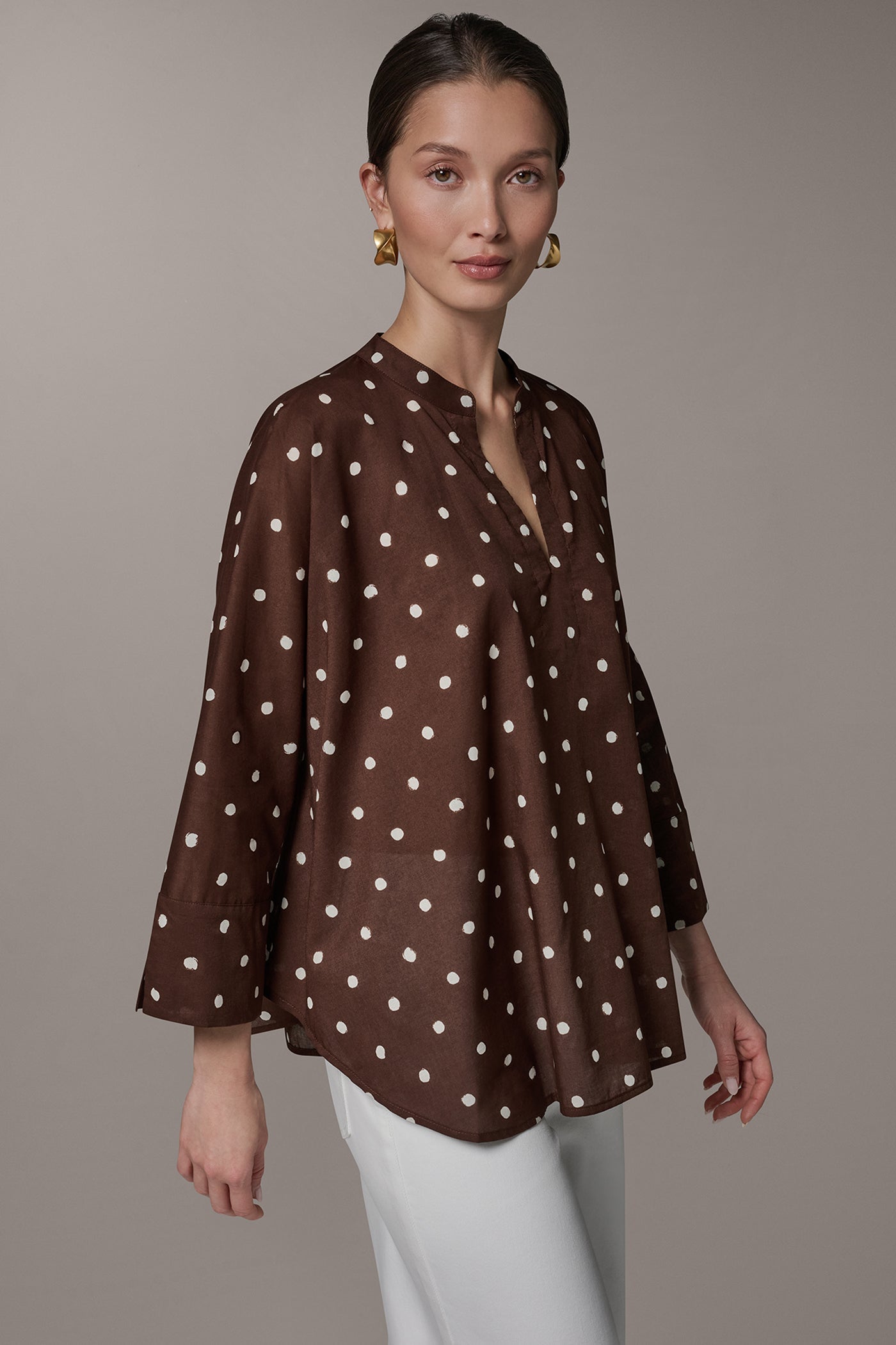 Canyon/Cream BRACELET SLEEVE POLKA DOT BLOUSE Donna Karan