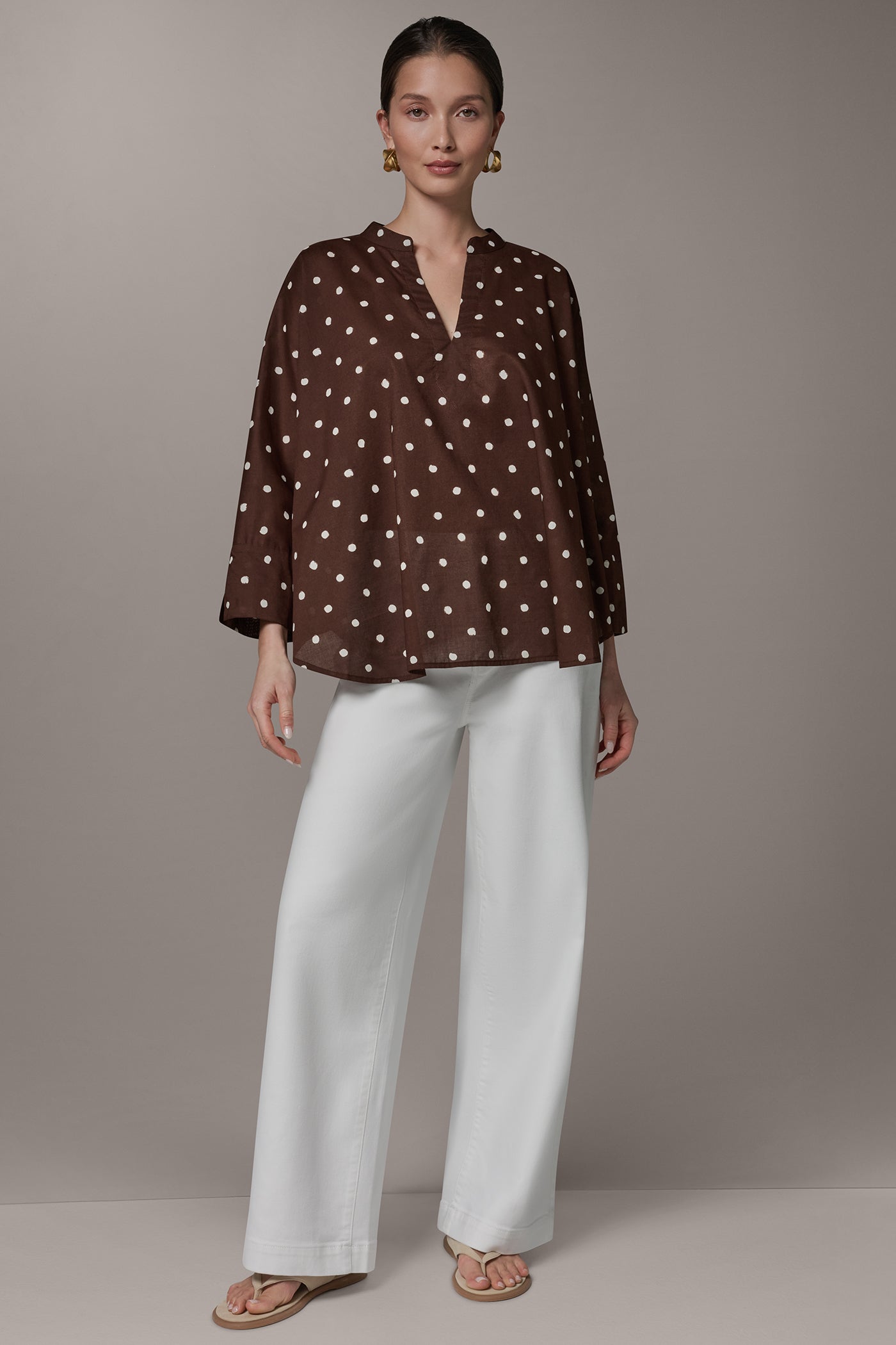 Canyon/Cream BRACELET SLEEVE POLKA DOT BLOUSE Donna Karan