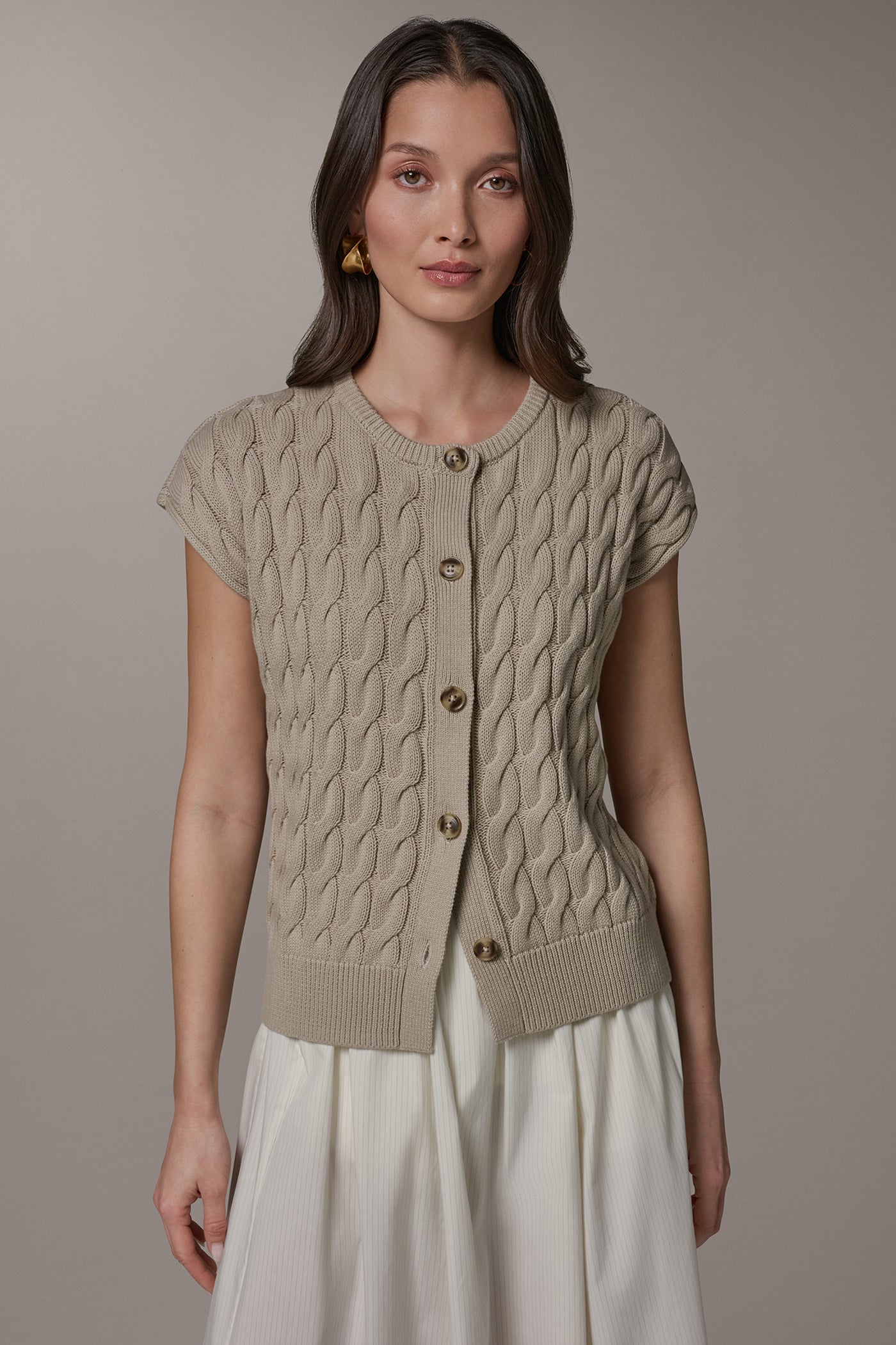 Sandstone SLEEVELESS CABLE KNIT VEST Donna Karan