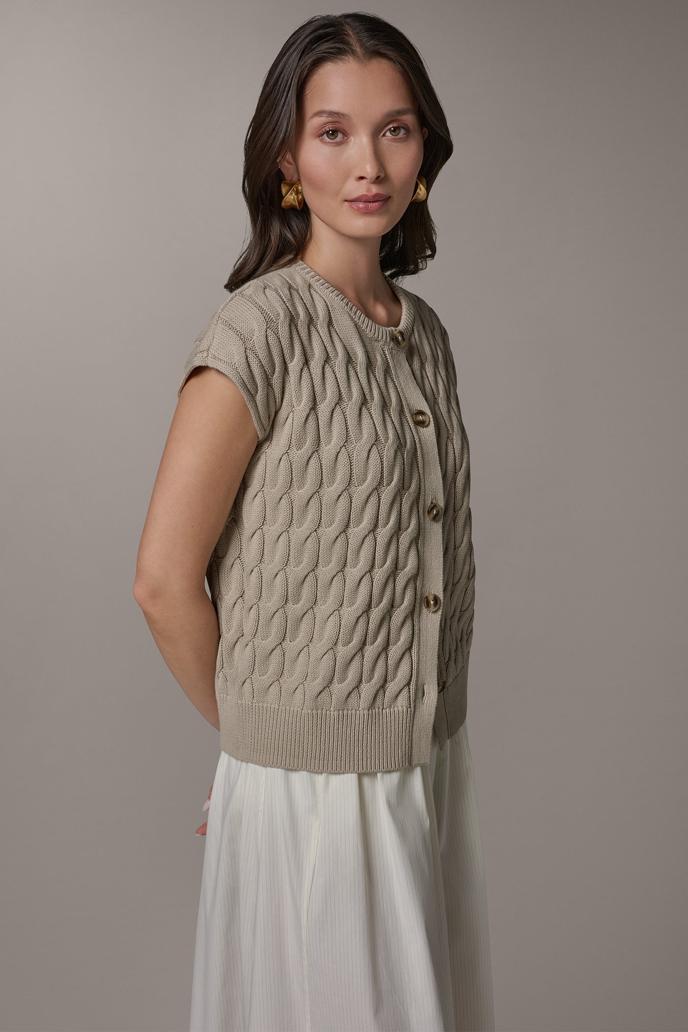Sandstone SLEEVELESS CABLE KNIT VEST Donna Karan