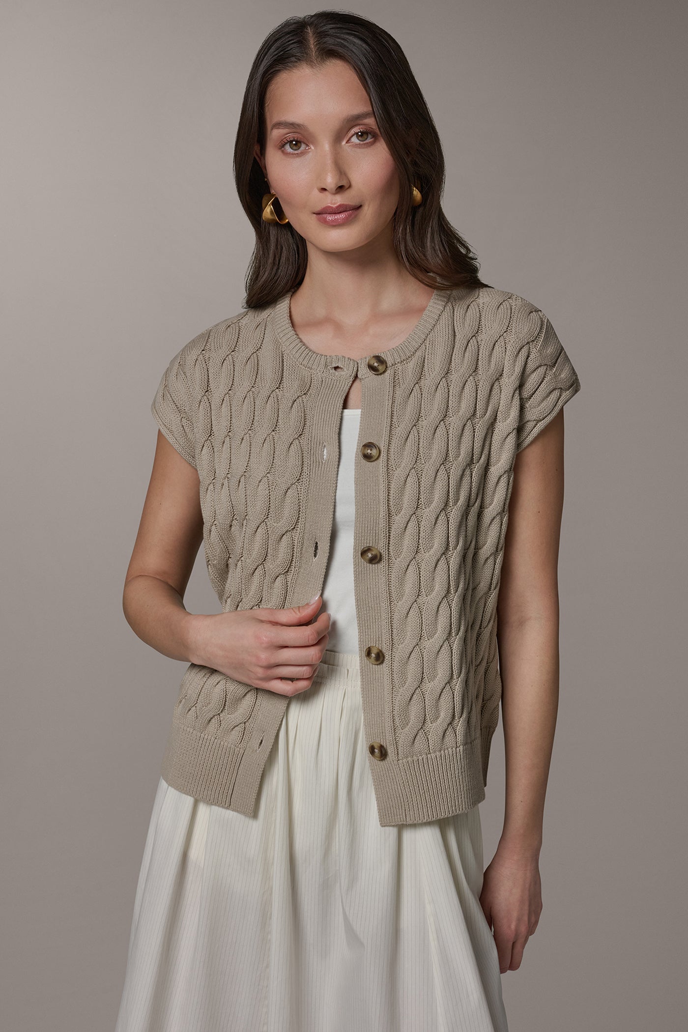 Sandstone SLEEVELESS CABLE KNIT VEST Donna Karan