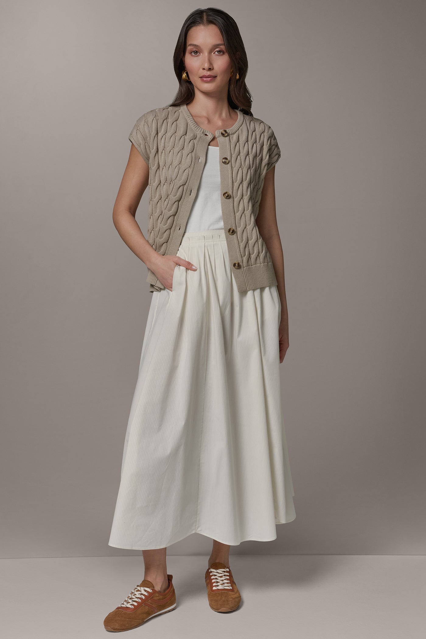 Sandstone SLEEVELESS CABLE KNIT VEST Donna Karan