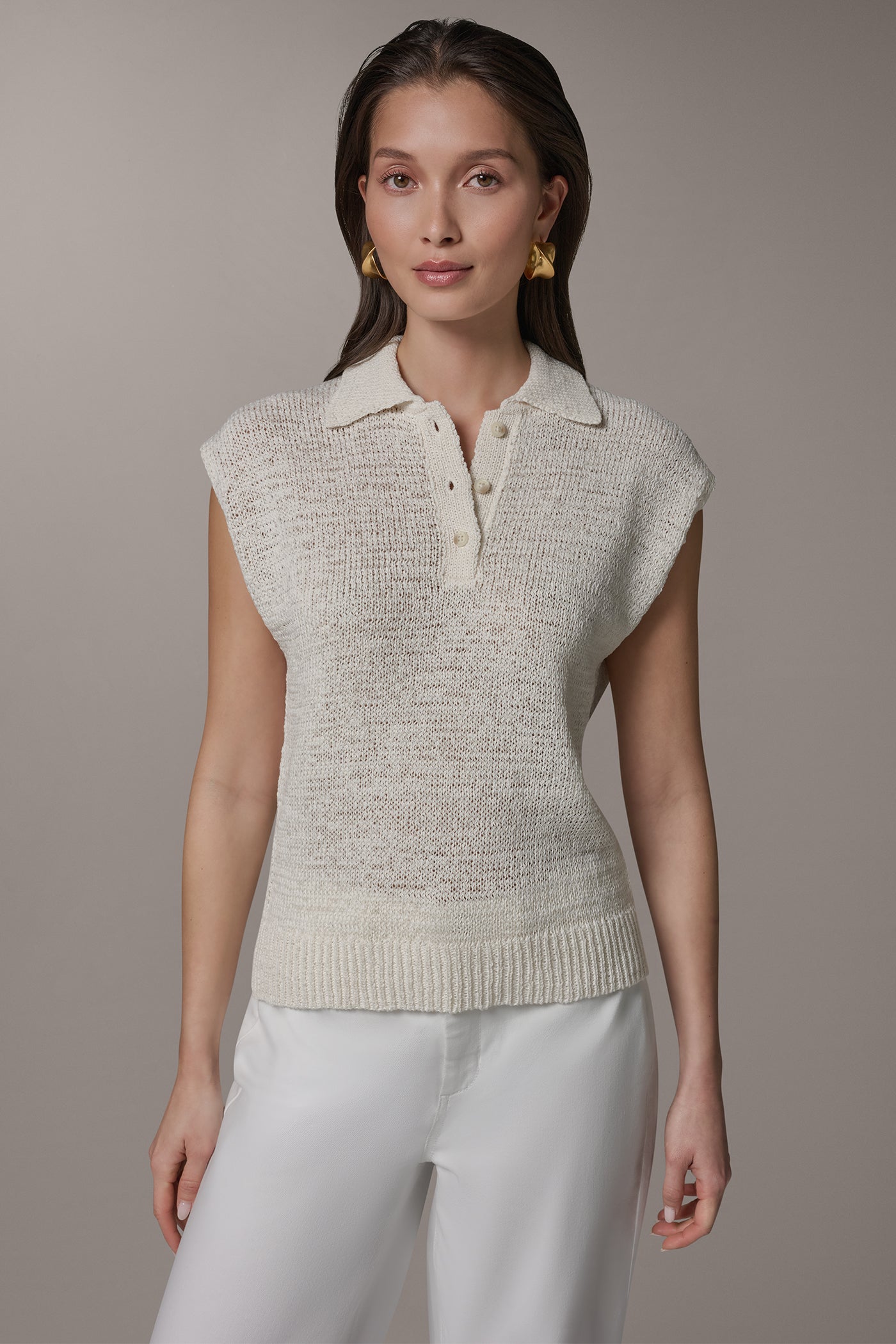 Cream SLEEVELESS POLO SWEATER Donna Karan